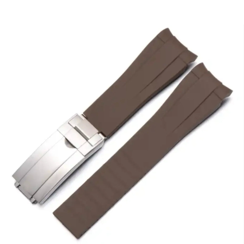 High End Curved FKM Rubber Watch Band - Oyster Style Deployment Clasp: 20 mm - Brown - DREAM WATCHES