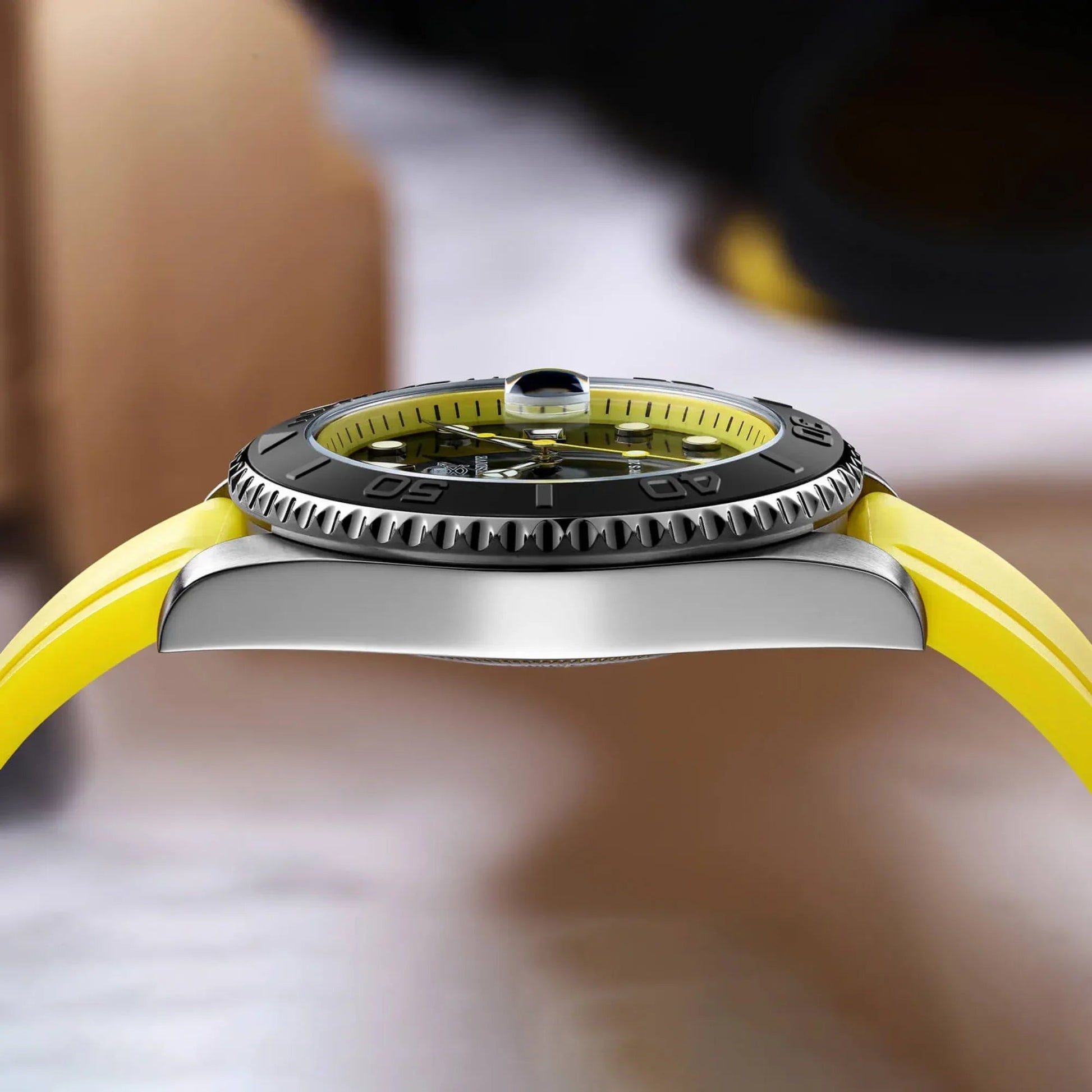 High End Curved FKM Rubber Watch Band - Oyster Style Deployment Clasp: 20 Mm- Yellow - DREAM WATCHES