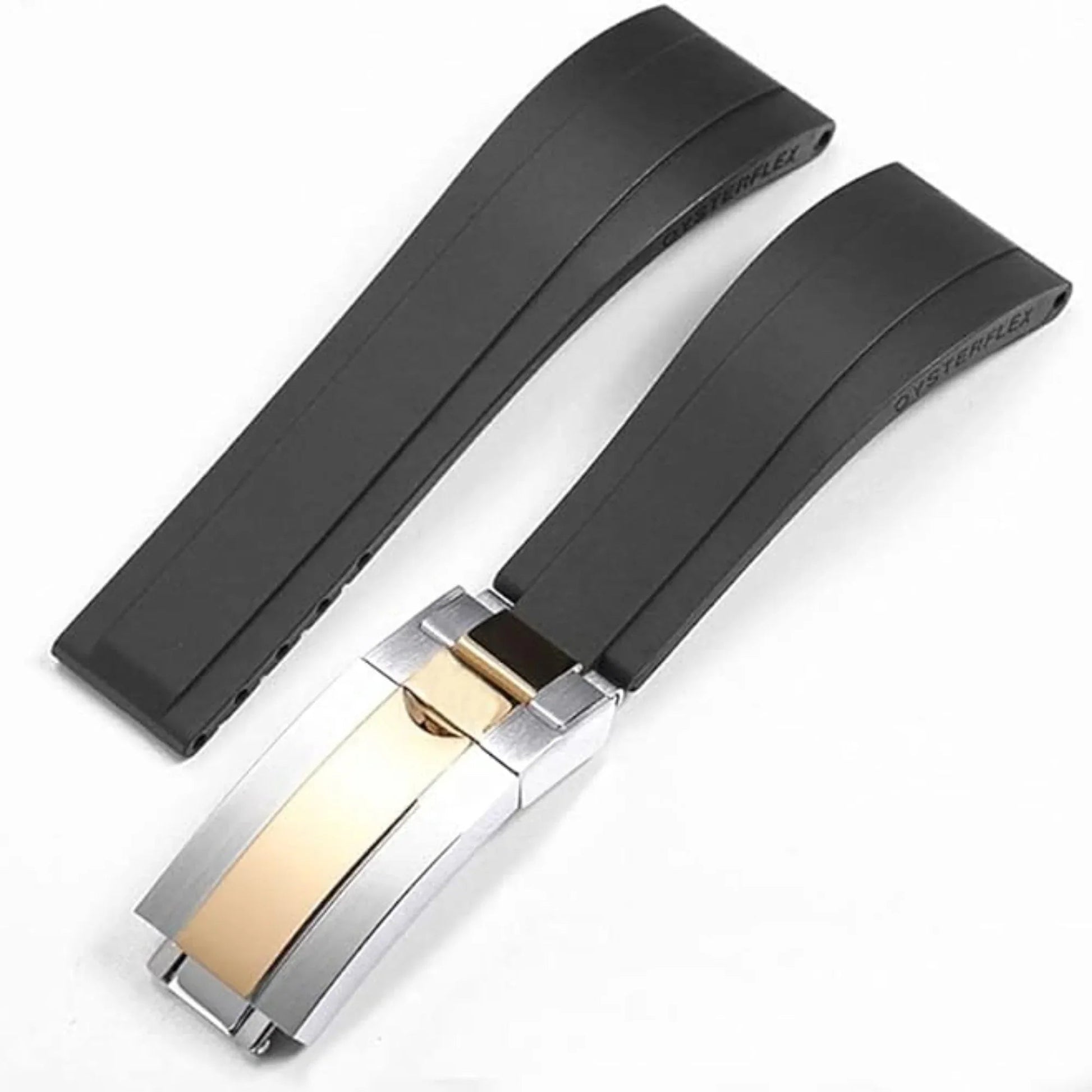 High End Curved FKM Rubber Watch Band with Oyster Style Deployment Clasp: 20 mm - Black with Gold Dual tone - DREAM WATCHES