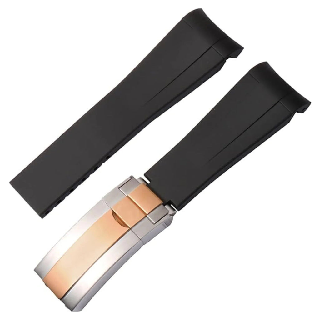 High End Curved FKM Rubber Watch Band with Oyster Style Deployment Clasp: 20 mm - Black with Rose Gold Dual tone - DREAM WATCHES