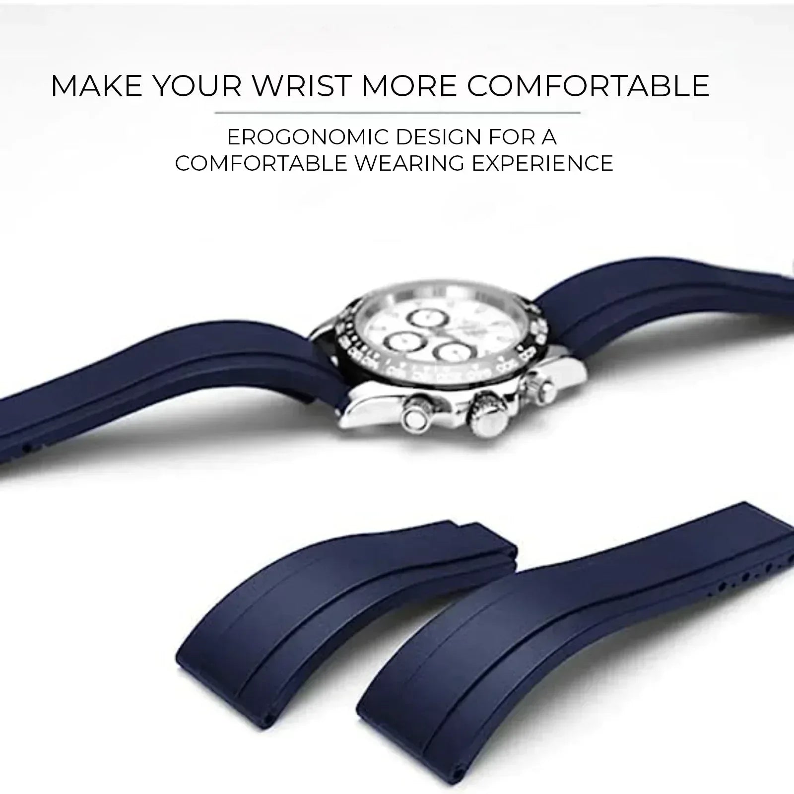 High End Curved FKM Rubber Watch Band With Oyster Style Deployment Clasp: 20 MM - Blue With Rose Gold - DREAM WATCHES