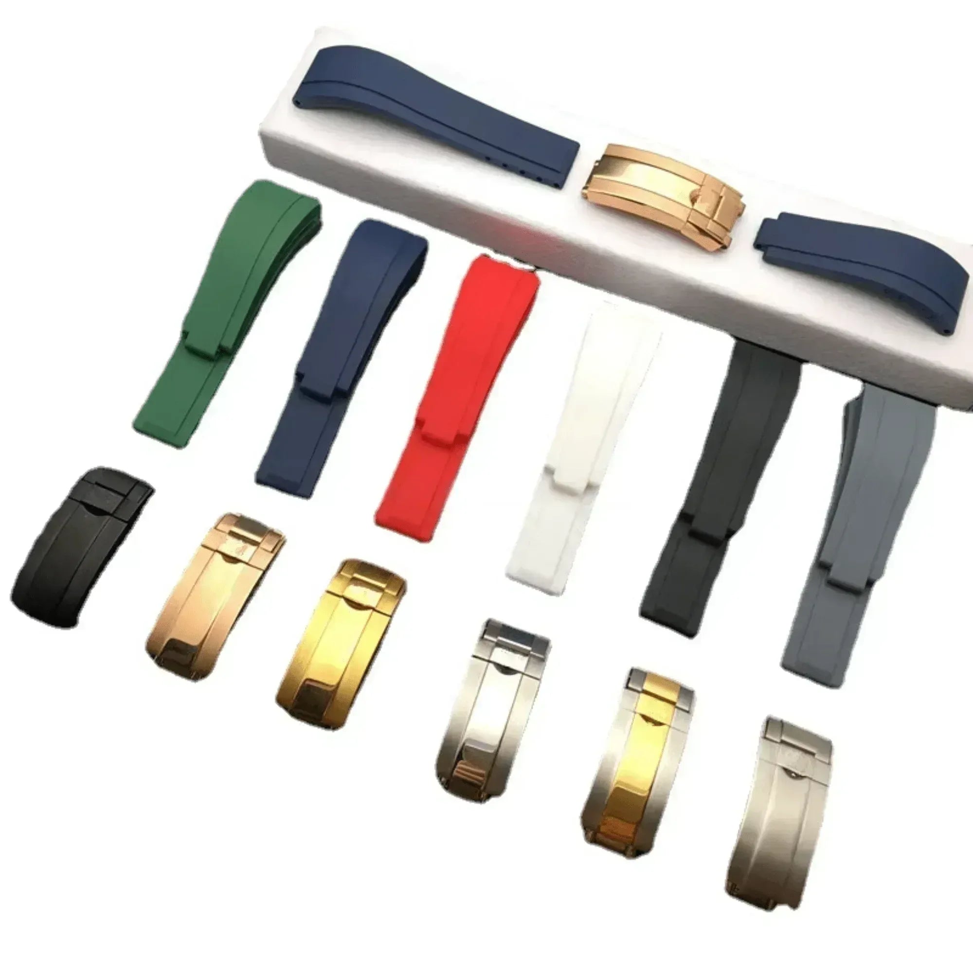 High End Curved FKM Rubber Watch Band With Oyster Style Deployment Clasp: 20 MM - Blue With Rose Gold - DREAM WATCHES