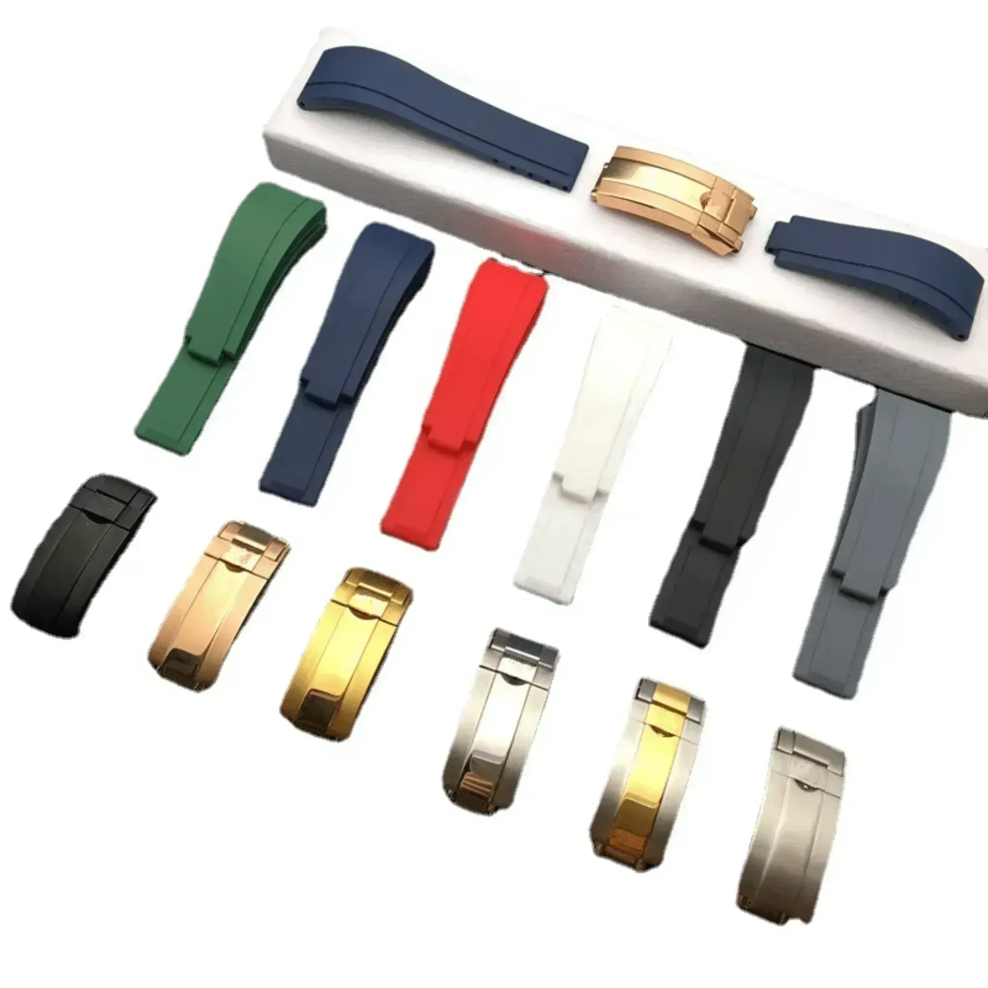 High End Curved FKM Rubber Watch Band With Oyster Style Deployment Clasp: 20 MM - Blue With Rose Gold - DREAM WATCHES