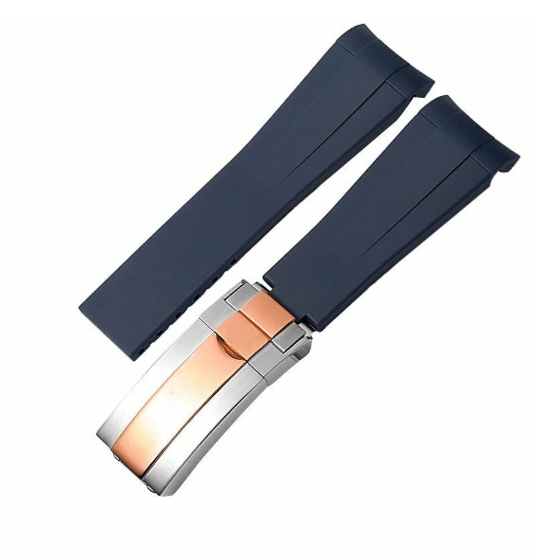 High End Curved FKM Rubber Watch Band with Oyster Style Deployment Clasp: 20 mm - Blue with Rose Gold Dual tone - DREAM WATCHES