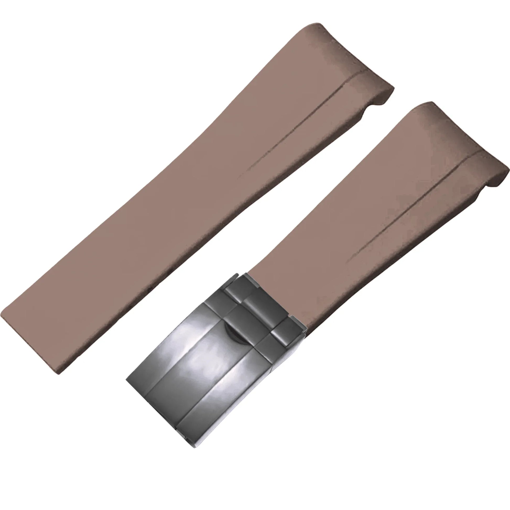 High End Curved FKM Rubber Watch Band With Oyster Style Deployment Clasp: 20 MM - Brown With Black Buckle - DREAM WATCHES