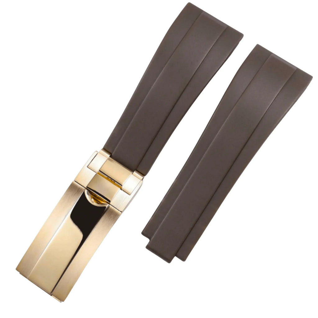 High End Curved FKM Rubber Watch Band With Oyster Style Deployment Clasp: 20 MM - Brown With Golden - DREAM WATCHES