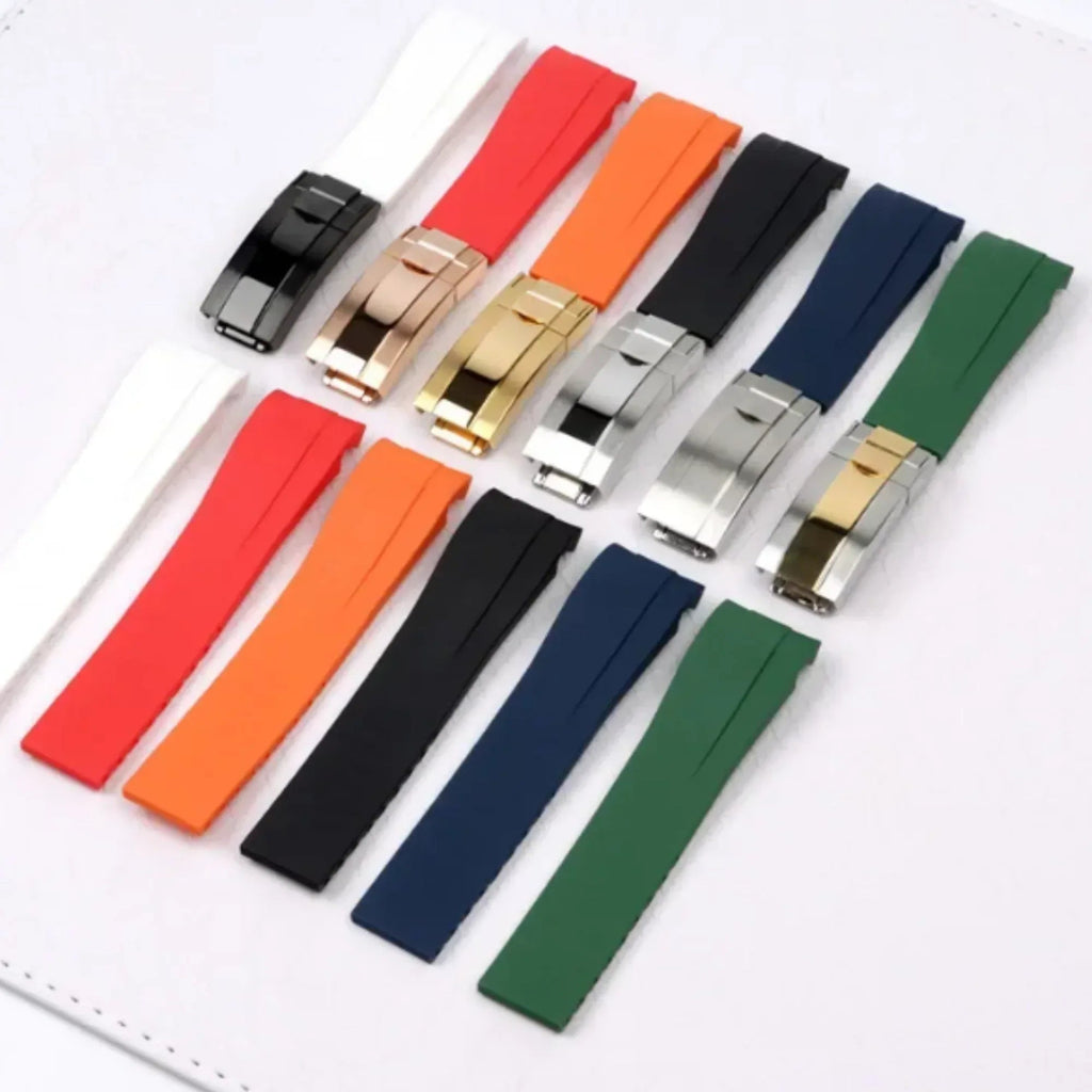 High End Curved FKM Rubber Watch Band with Oyster Style Deployment Clasp: 20 mm - Brown with Rose Gold Dual tone - DREAM WATCHES