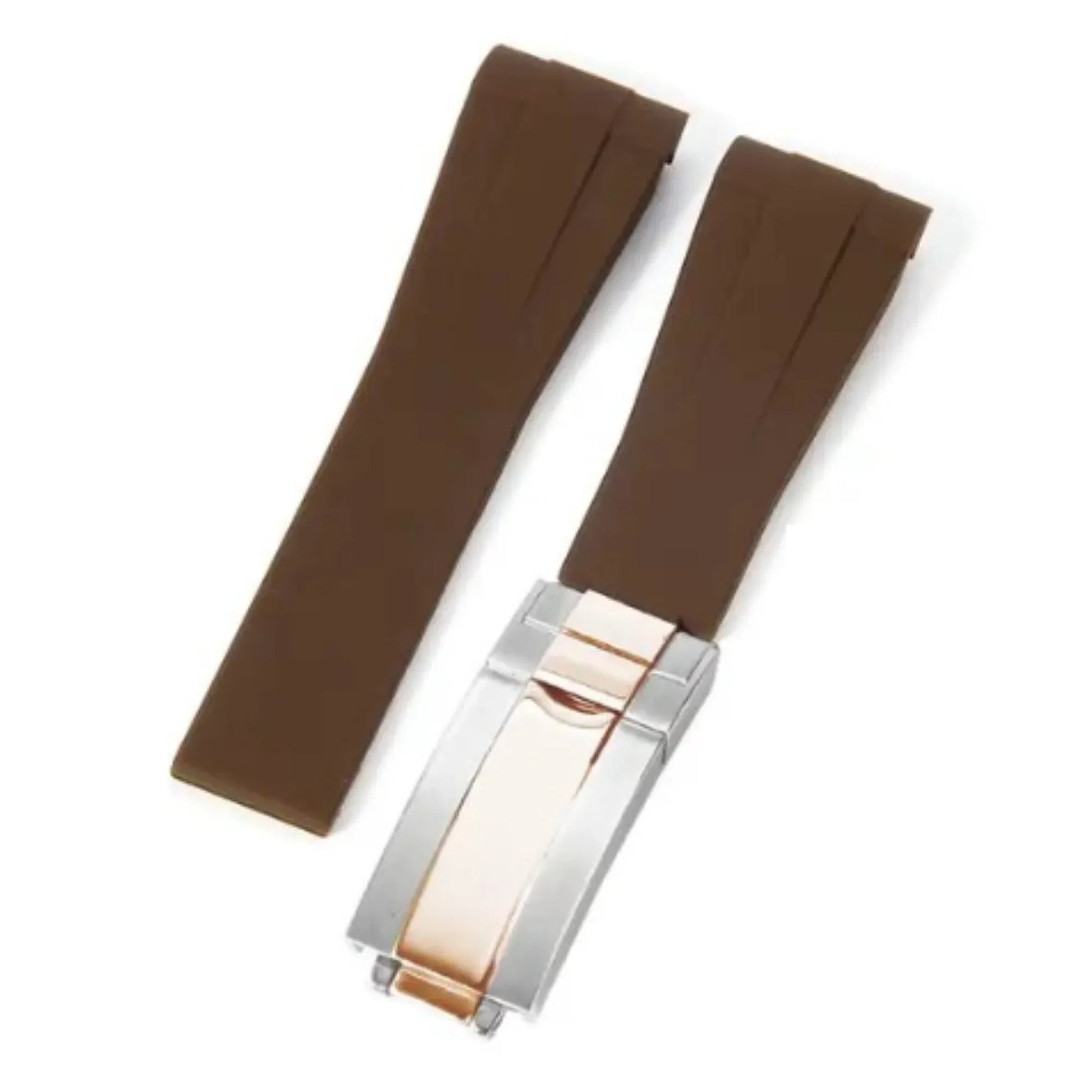 High End Curved FKM Rubber Watch Band with Oyster Style Deployment Clasp: 20 mm - Brown with Rose Gold Dual tone - DREAM WATCHES