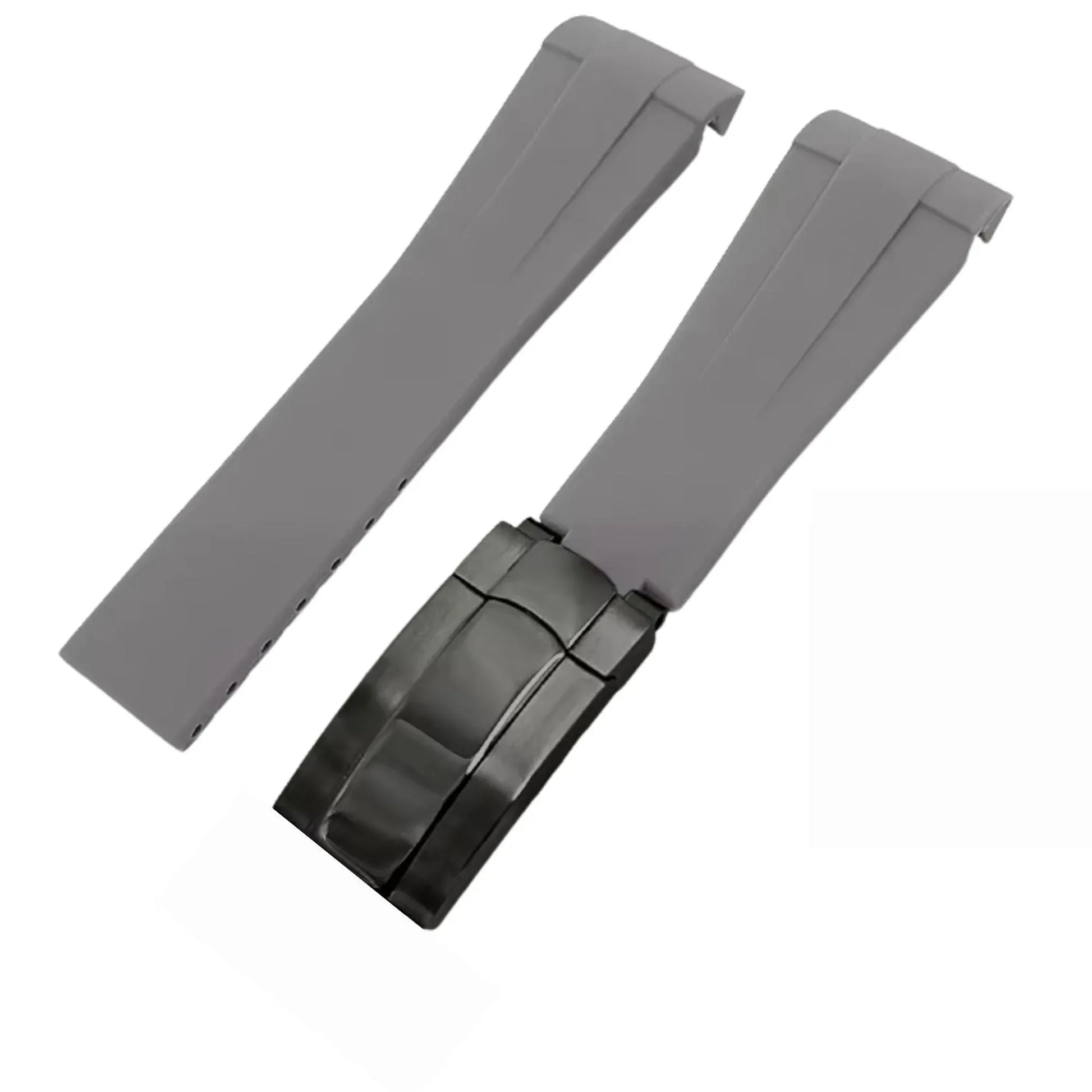 High End Curved FKM Rubber Watch Band With Oyster Style Deployment Clasp: 20 MM - Grey With Black Buckle - DREAM WATCHES
