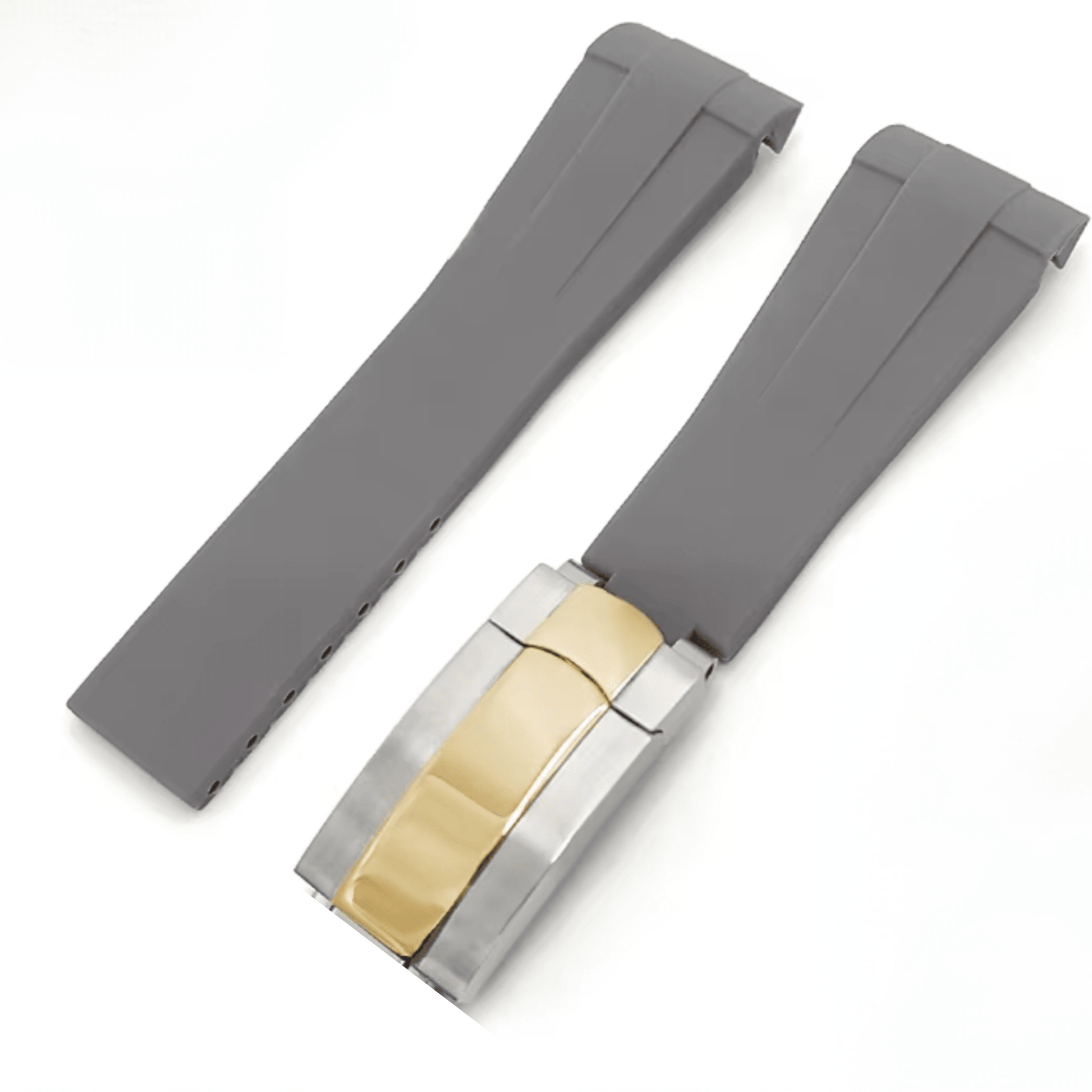 High End Curved FKM Rubber Watch Band With Oyster Style Deployment Clasp: 20 MM -Grey With Gold Dual Tone - DREAM WATCHES