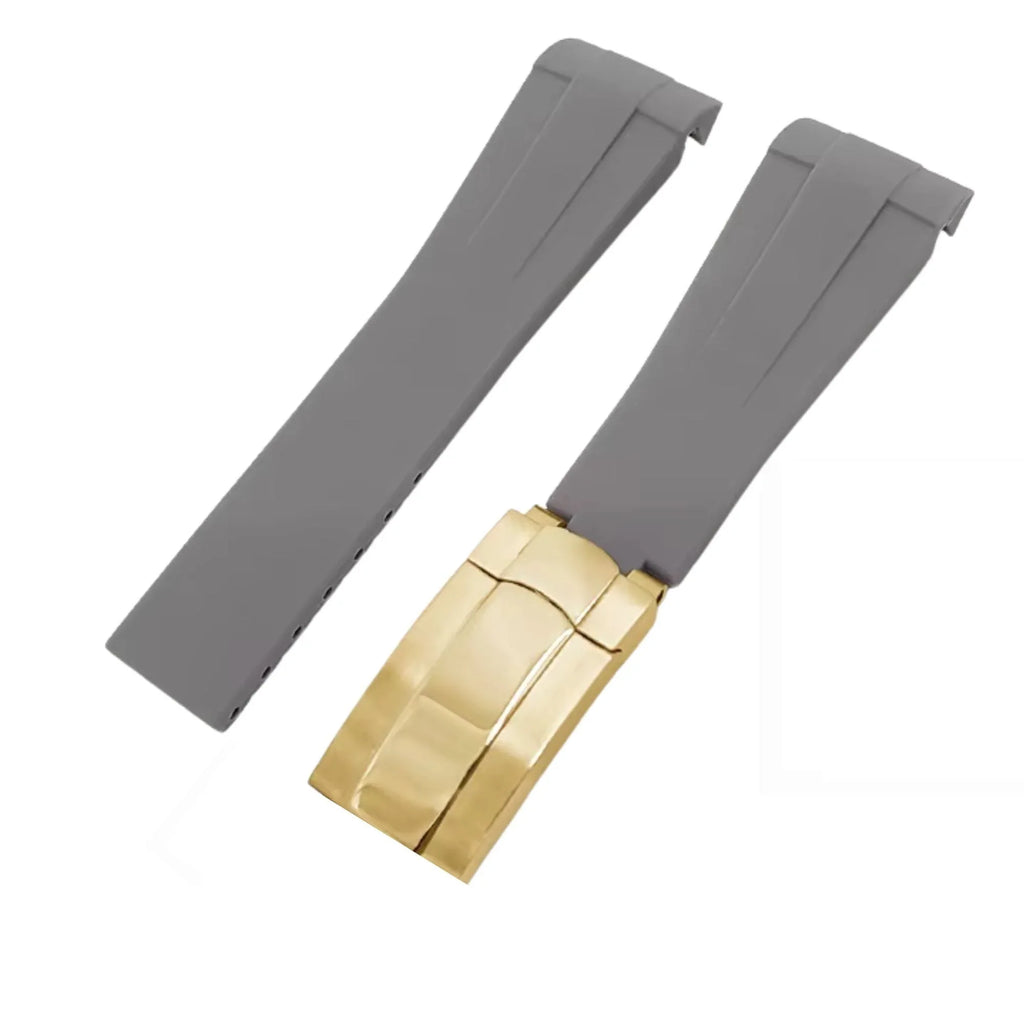 High End Curved FKM Rubber Watch Band With Oyster Style Deployment Clasp: 20 MM - Grey With Golden - DREAM WATCHES