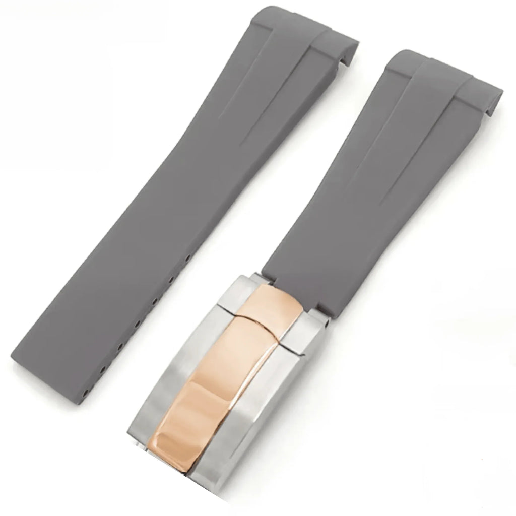 High End Curved FKM Rubber Watch Band With Oyster Style Deployment Clasp: 20 MM - Grey With Rose Gold Dual Tone - DREAM WATCHES