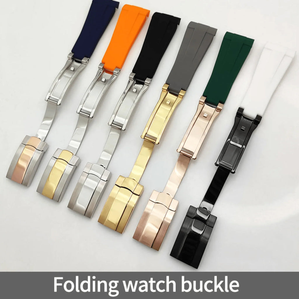 High End Curved FKM Rubber Watch Band With Oyster Style Deployment Clasp: 20 MM - Grey With Rose Gold Dual Tone - DREAM WATCHES