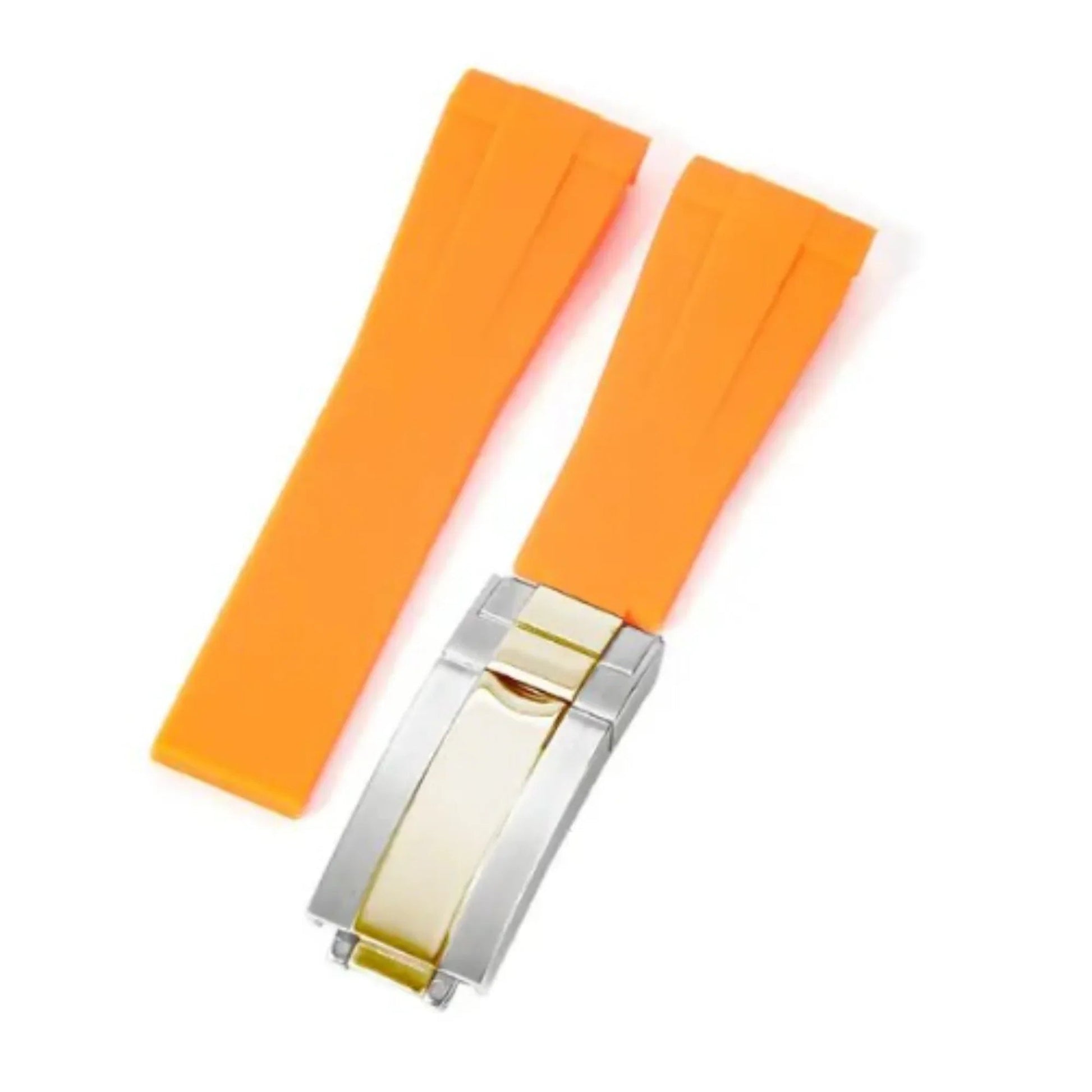 High End Curved FKM Rubber Watch Band with Oyster Style Deployment Clasp: 20 mm - Orange with Gold Dual tone - DREAM WATCHES