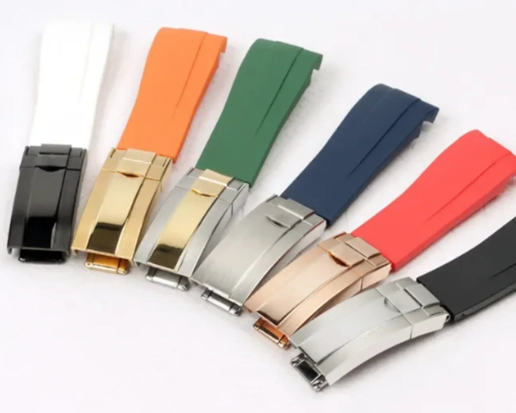 High End Curved FKM Rubber Watch Band with Oyster Style Deployment Clasp: 20 mm - Red with Rose Gold Dual tone - DREAM WATCHES