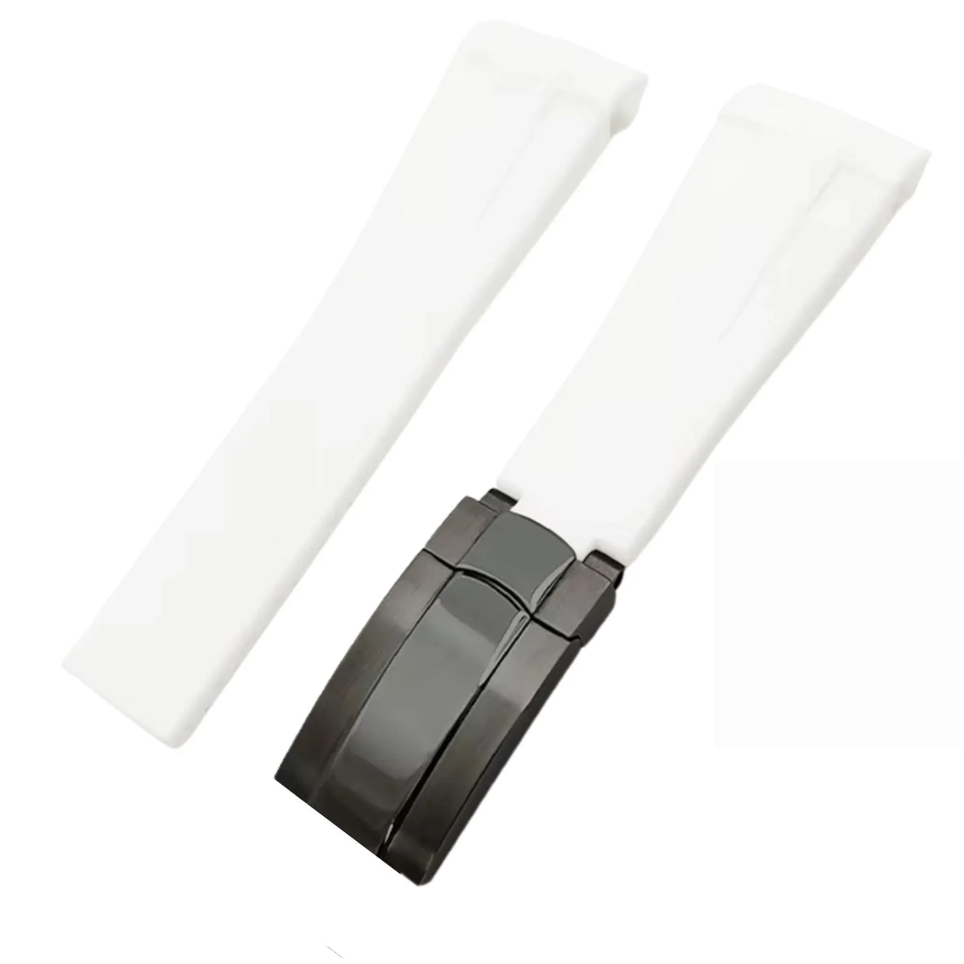 High End Curved FKM Rubber Watch Band With Oyster Style Deployment Clasp: 20 MM - White With Black Buckle - DREAM WATCHES
