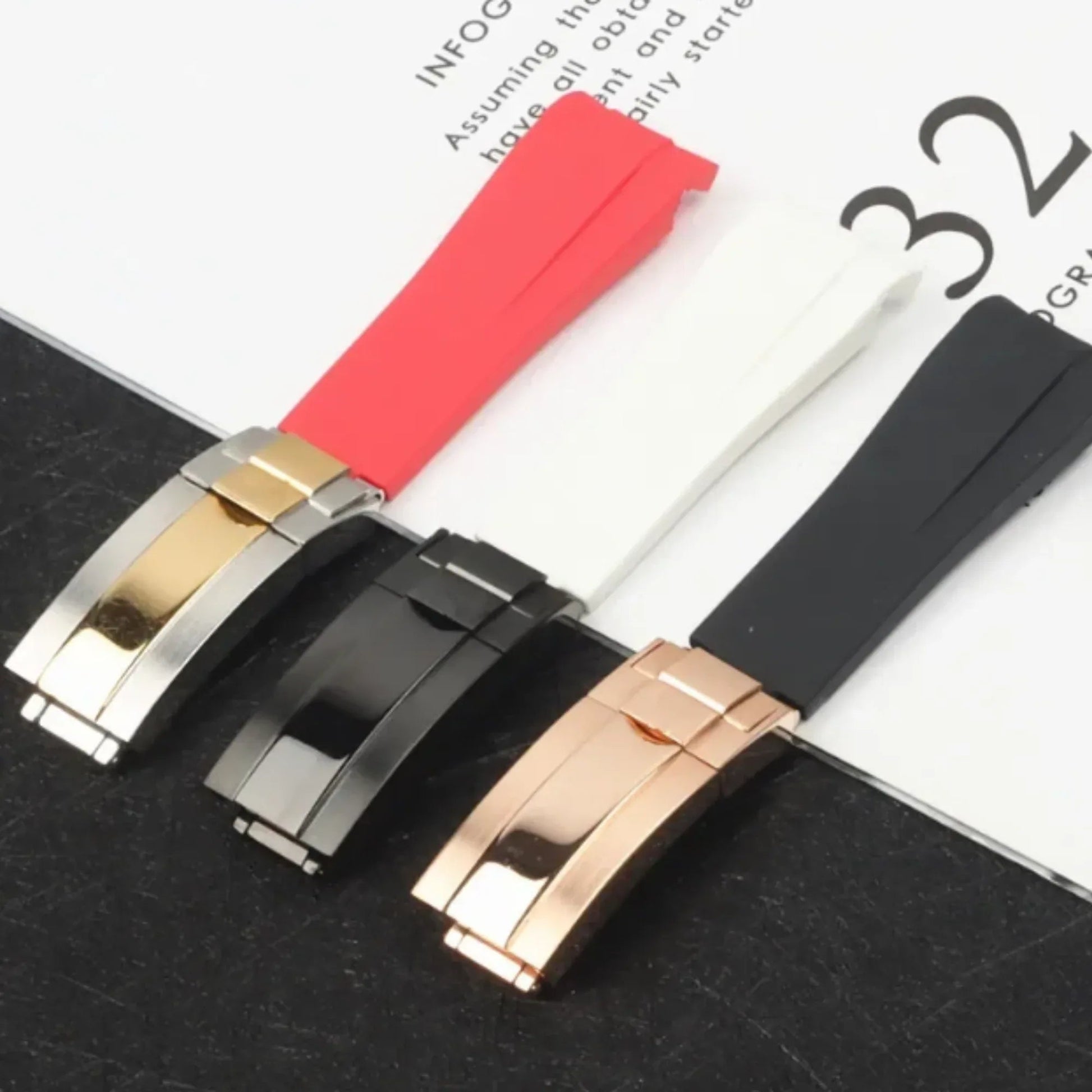 High End Curved FKM Rubber Watch Band with Oyster Style Deployment Clasp: 20 mm - White with Rose Gold Dual tone - DREAM WATCHES