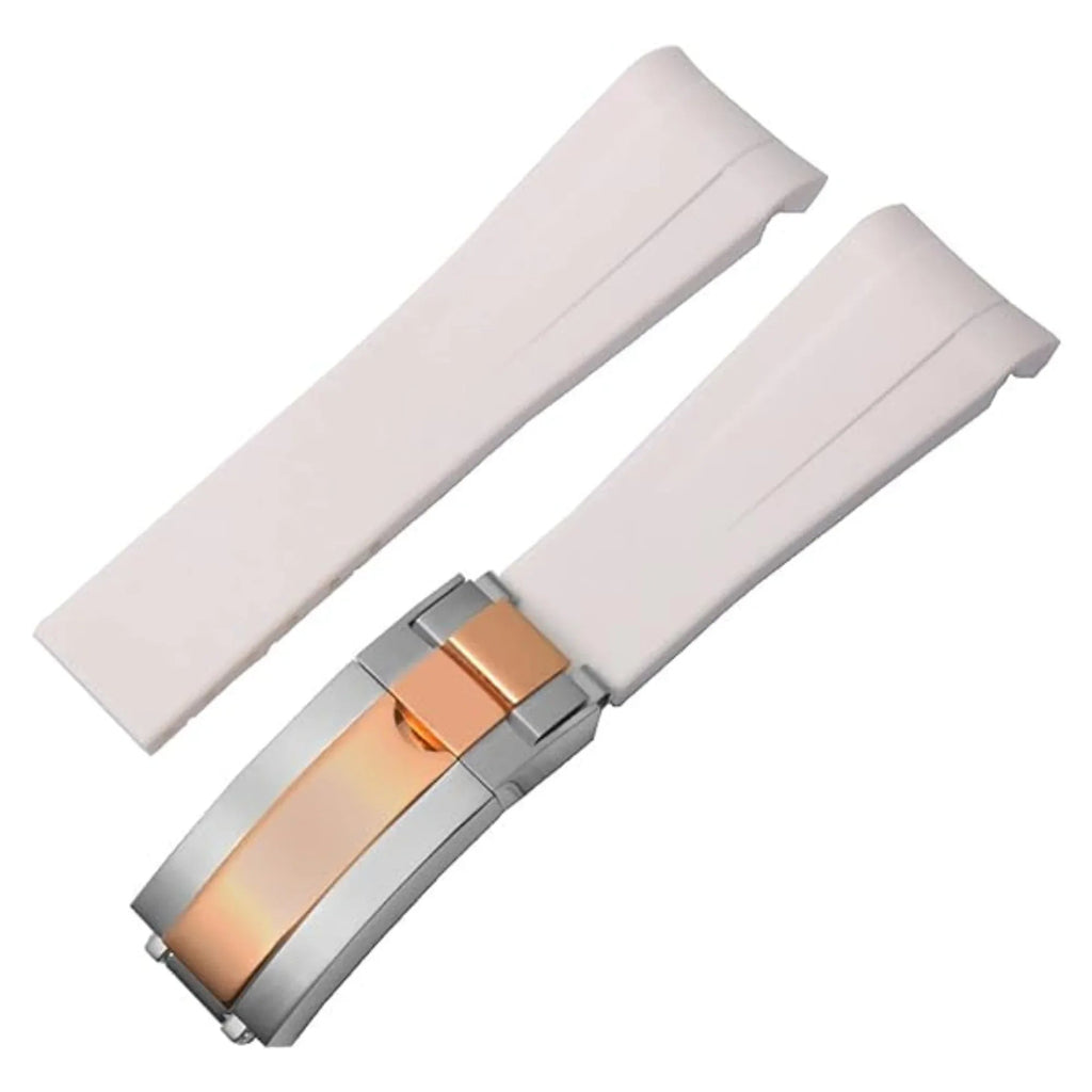 High End Curved FKM Rubber Watch Band with Oyster Style Deployment Clasp: 20 mm - White with Rose Gold Dual tone - DREAM WATCHES