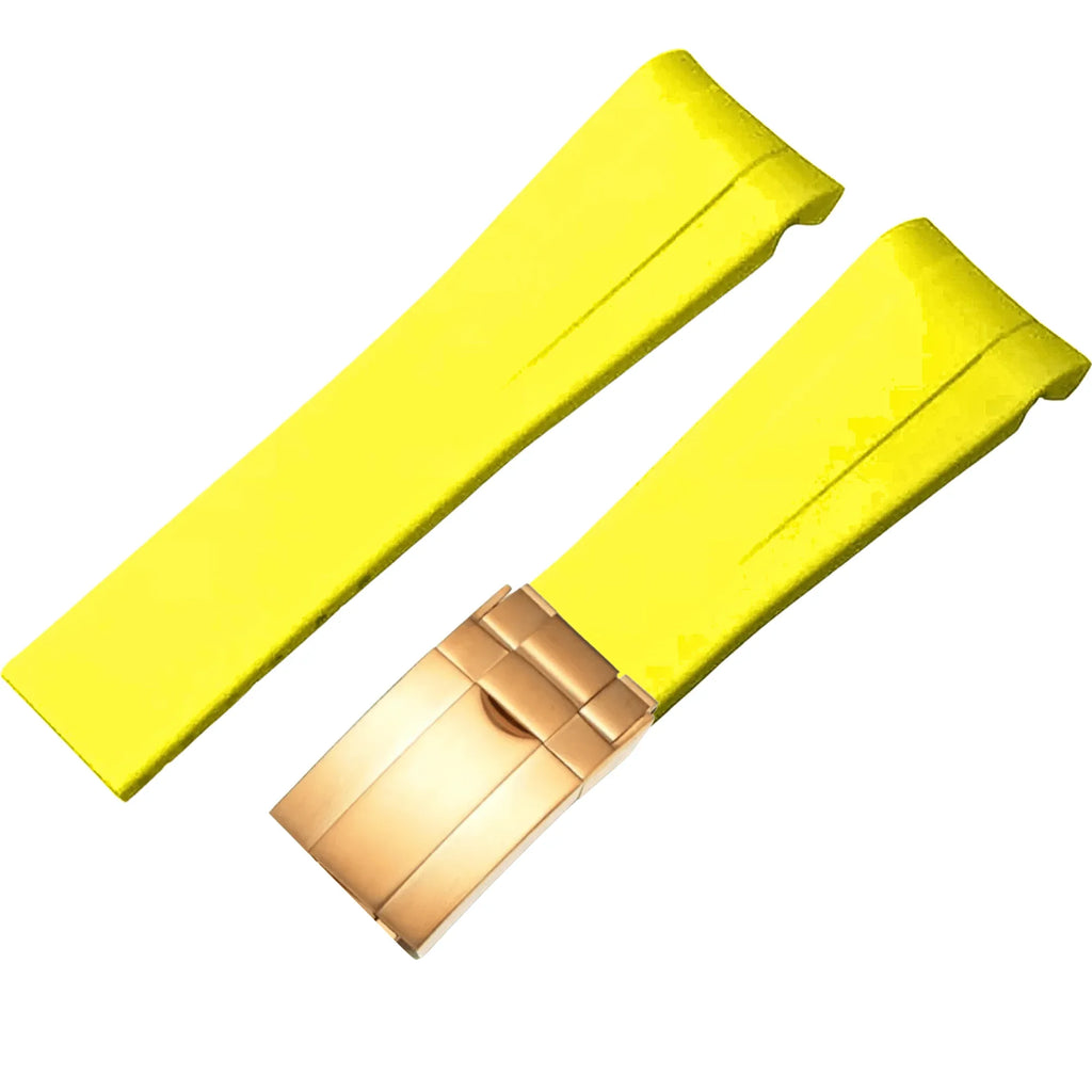 High End Curved FKM Rubber Watch Band With Oyster Style Deployment Clasp: 20 MM - Yellow With Golden - DREAM WATCHES
