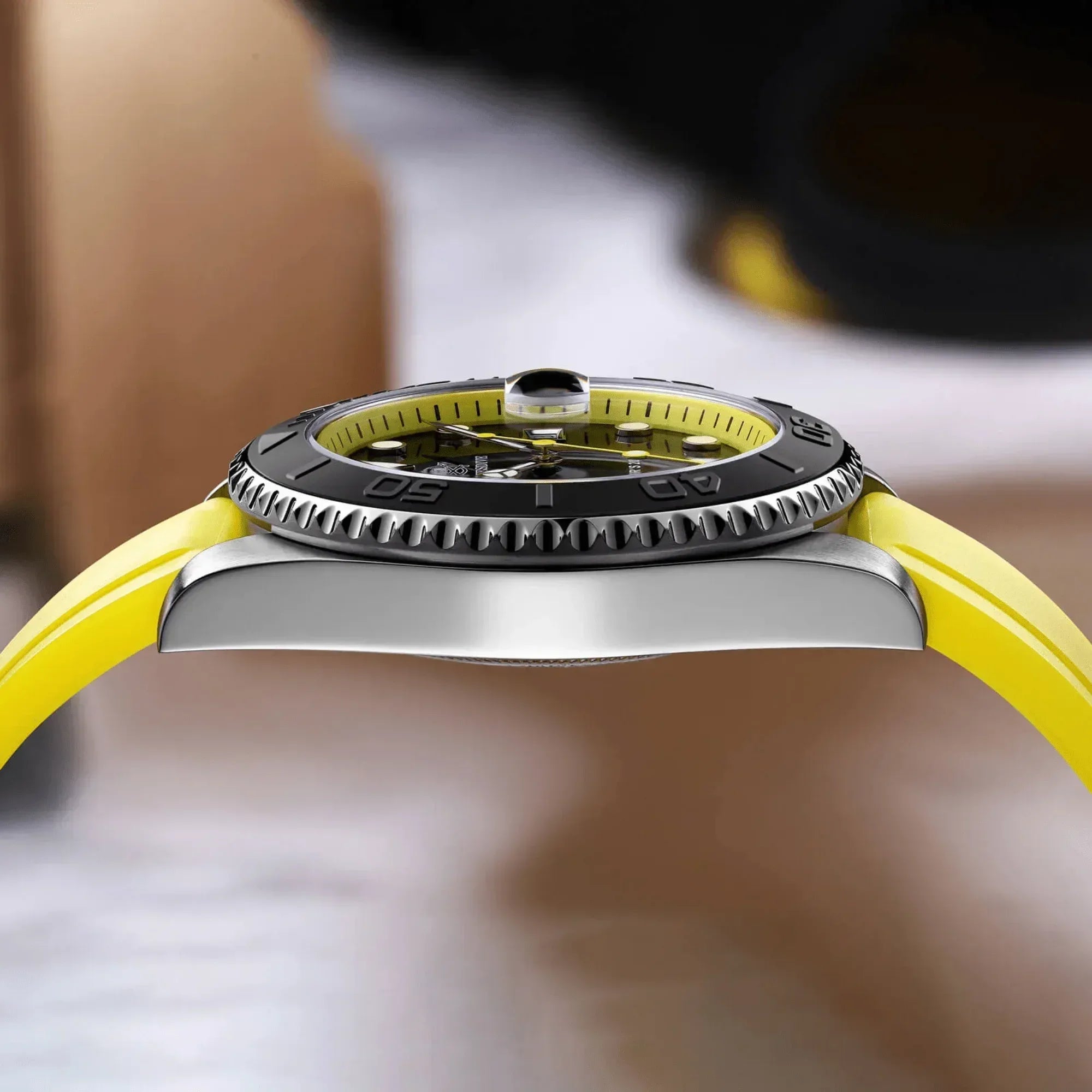High End Curved FKM Rubber Watch Band With Oyster Style Deployment Clasp: 20 MM - Yellow With Rose Gold - DREAM WATCHES