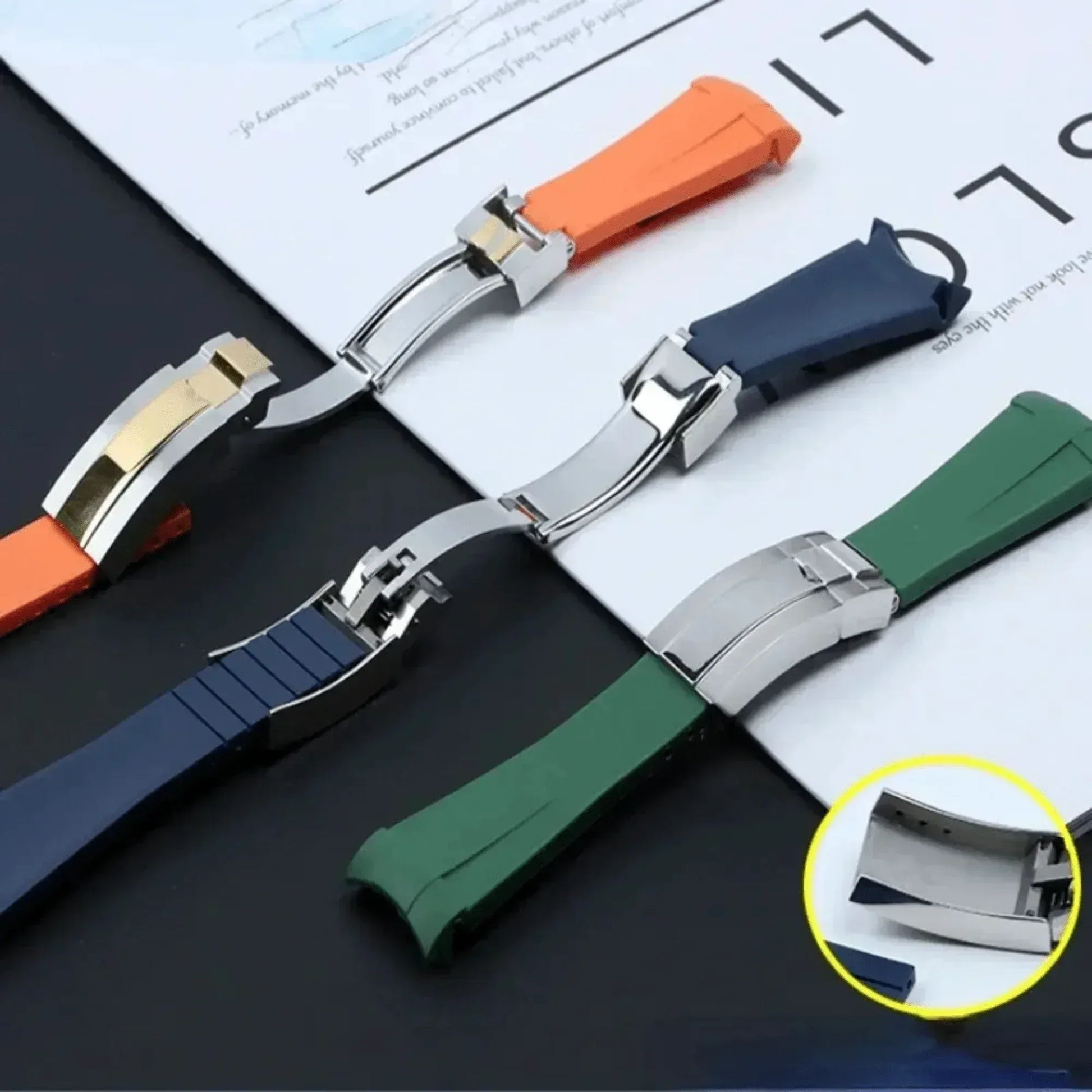 High End Curved FKM Rubber Watch Band With Oyster Style Deployment Clasp: 20 MM - Yellow With Rose Gold - DREAM WATCHES