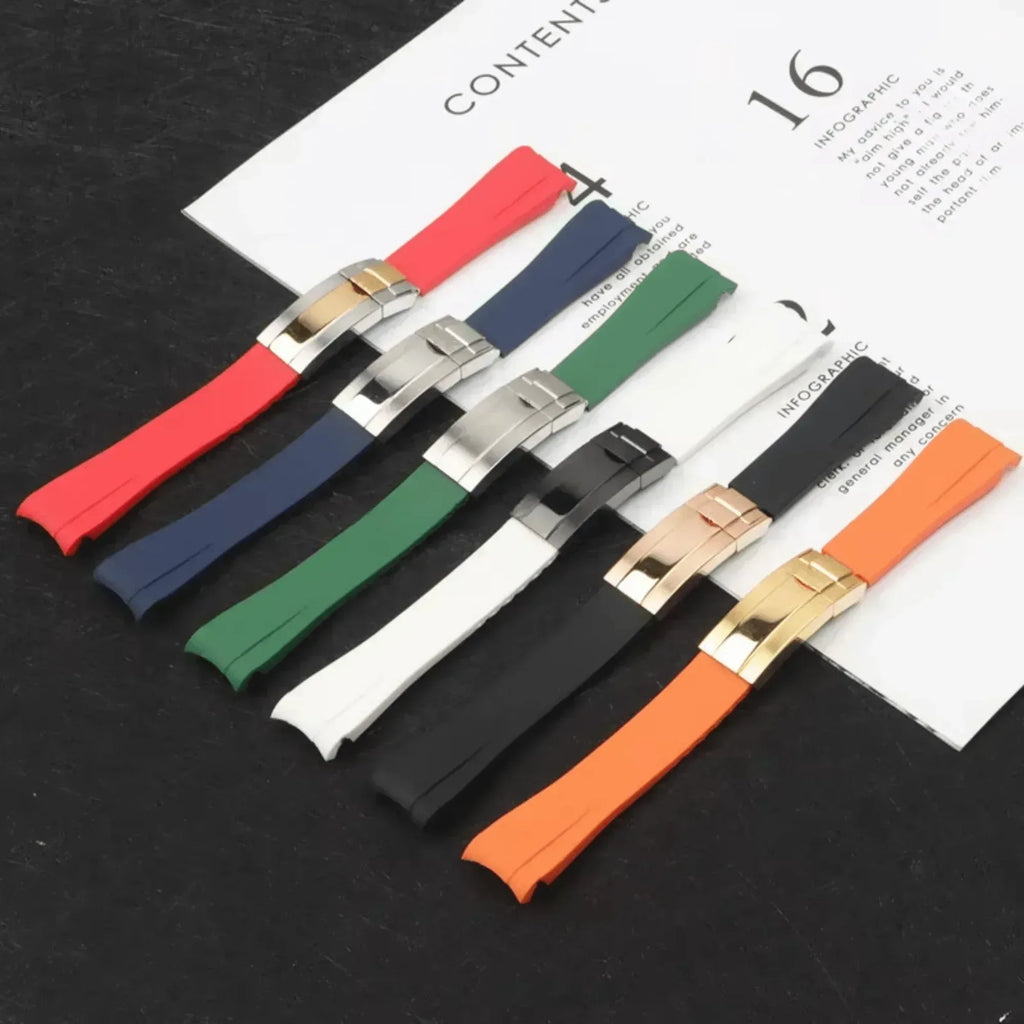 High End Curved FKM Rubber Watch Band With Oyster Style Deployment Clasp: 20 MM - Yellow With Rose Gold - DREAM WATCHES