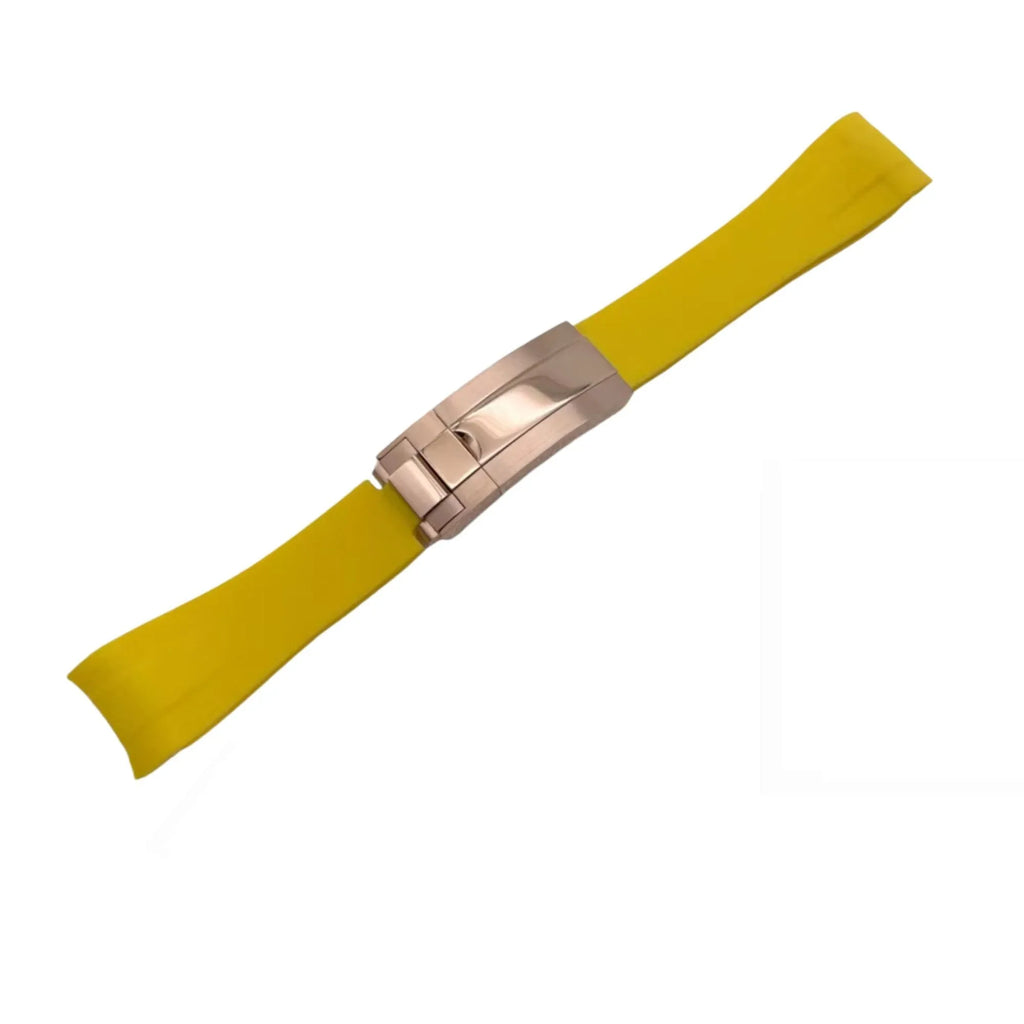 High End Curved FKM Rubber Watch Band With Oyster Style Deployment Clasp: 20 MM - Yellow With Rose Gold - DREAM WATCHES