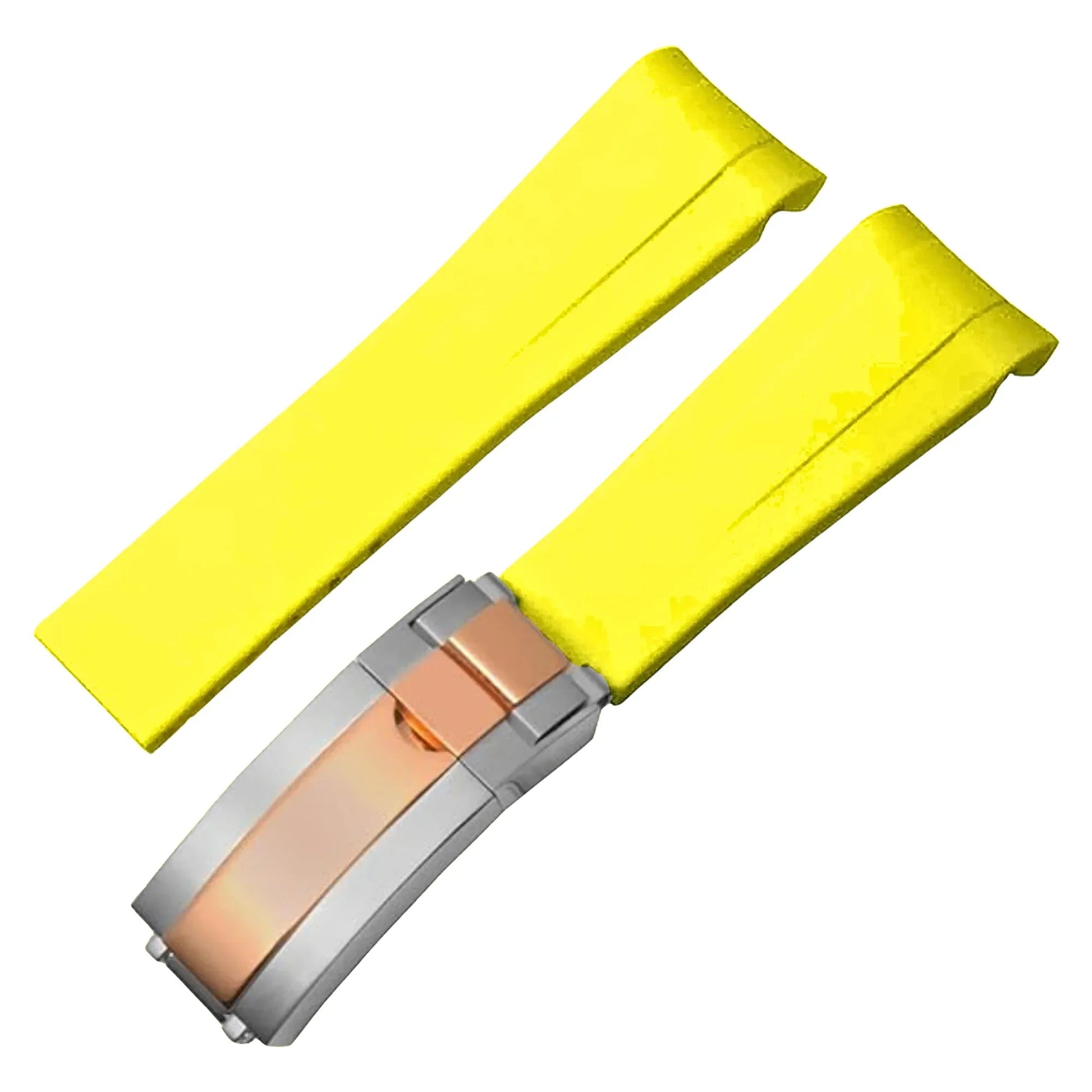 High End Curved FKM Rubber Watch Band With Oyster Style Deployment Clasp: 20 Mm - Yellow With Rose Gold Dual Tone - DREAM WATCHES