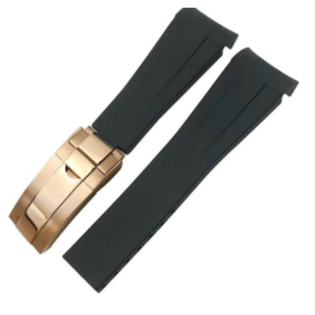 High End Curved FKM Rubber Watch Strap - Oyster Style Deployment Clasp 20mm - Black with Rosegold Clasp - DREAM WATCHES