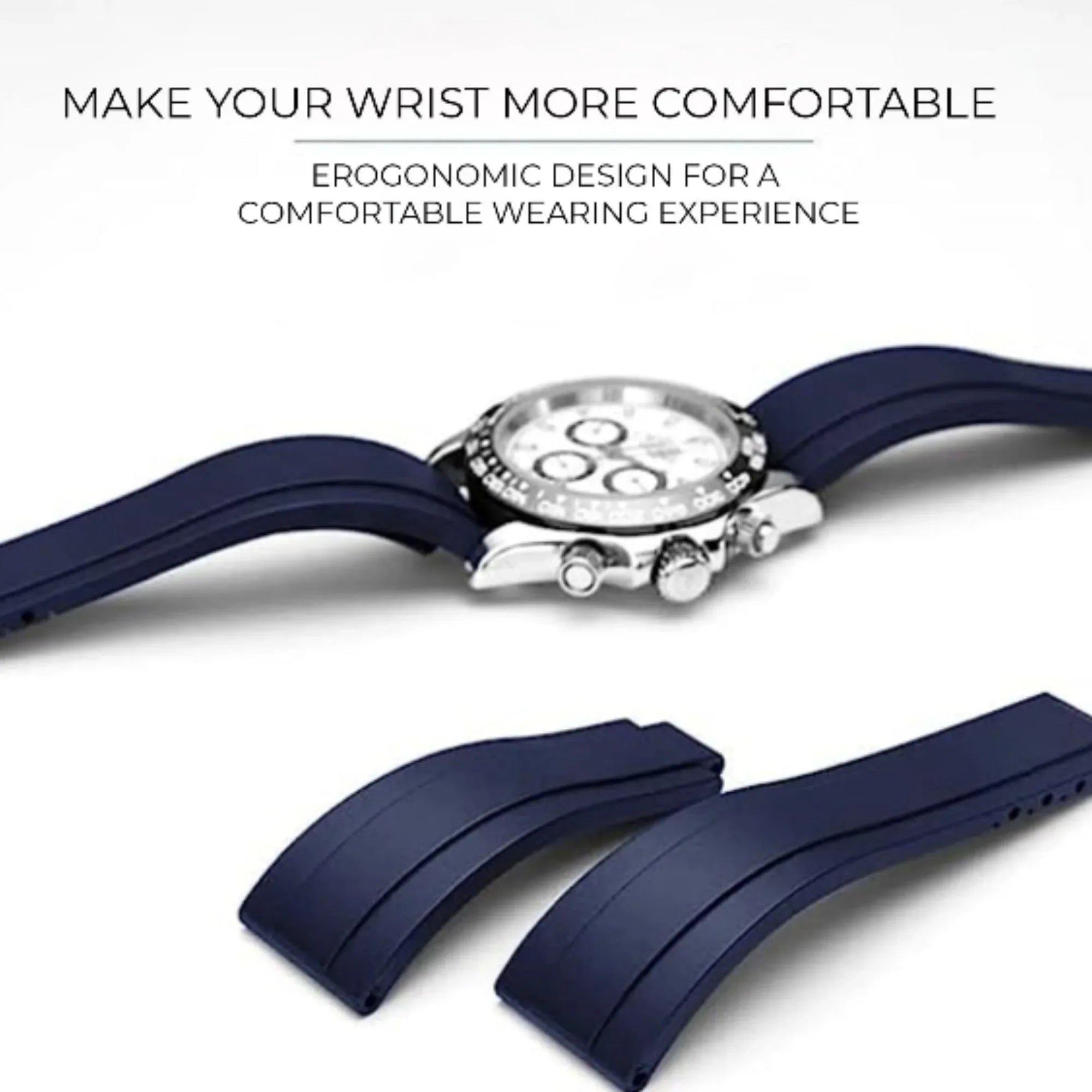 High End Curved FKM Rubber Watch Strap - Oyster Style Deployment Clasp 20mm - Blue with Black Clasp - DREAM WATCHES