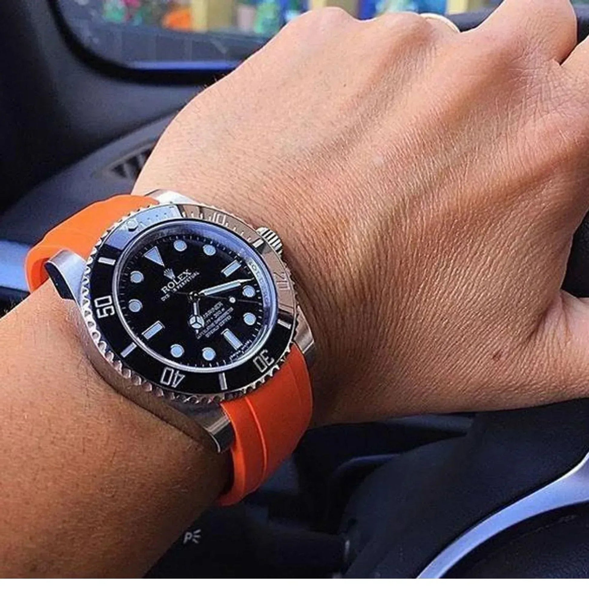 High End Curved FKM Rubber Watch Strap - Oyster Style Deployment Clasp 20mm - Orange with Black Clasp - DREAM WATCHES