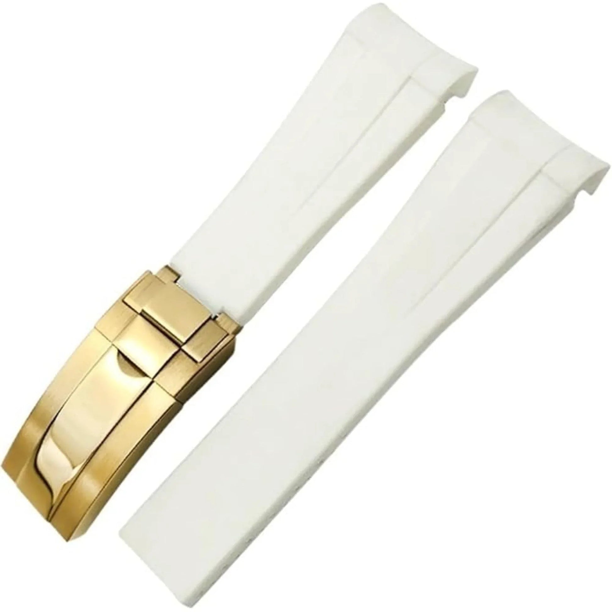 High End Curved FKM Rubber Watch Strap - Oyster Style Deployment Clasp 20mm - White with Golden Clasp - DREAM WATCHES