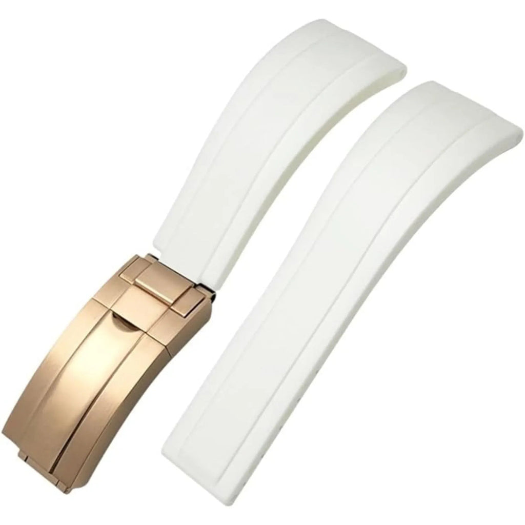 High End Curved FKM Rubber Watch Strap - Oyster Style Deployment Clasp 20mm - White with Rosegold Clasp - DREAM WATCHES
