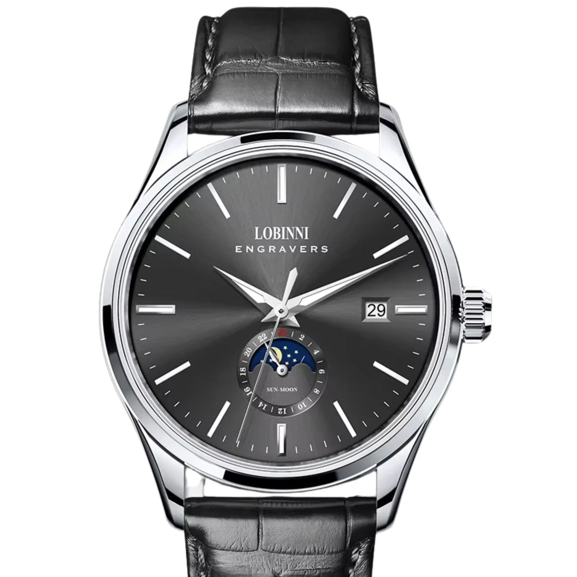 LOBINNI 19001 Business Black Leather Strap with automatic movement Watch - 19001 - DREAM WATCHES