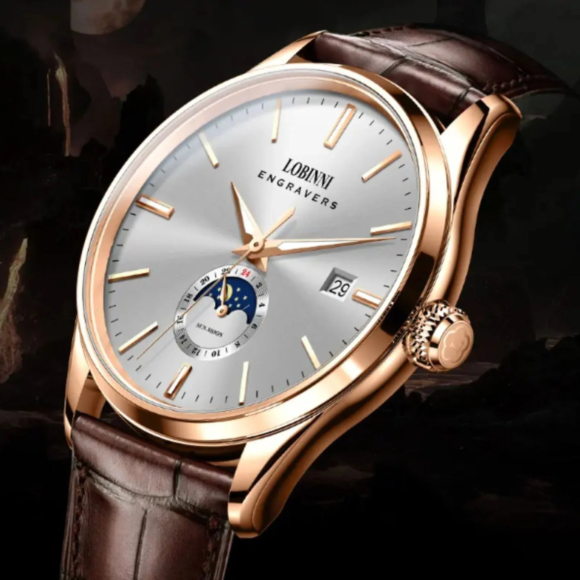 LOBINNI 19001 Business Black Leather Strap with automatic movement Watch - 19001 - DREAM WATCHES