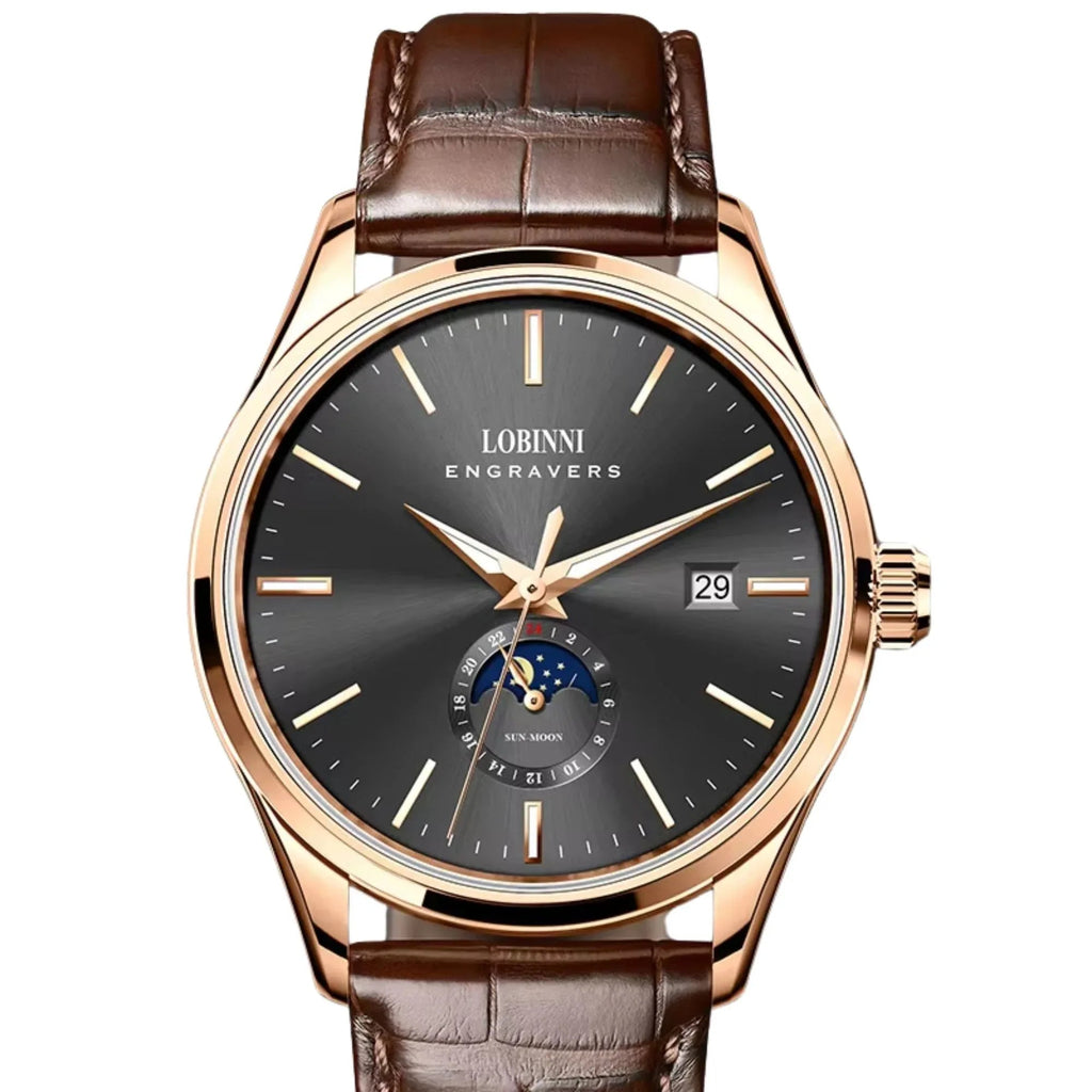 LOBINNI 19001 Business Brown Leather Strap with automatic movement Watch - 19001 - DREAM WATCHES