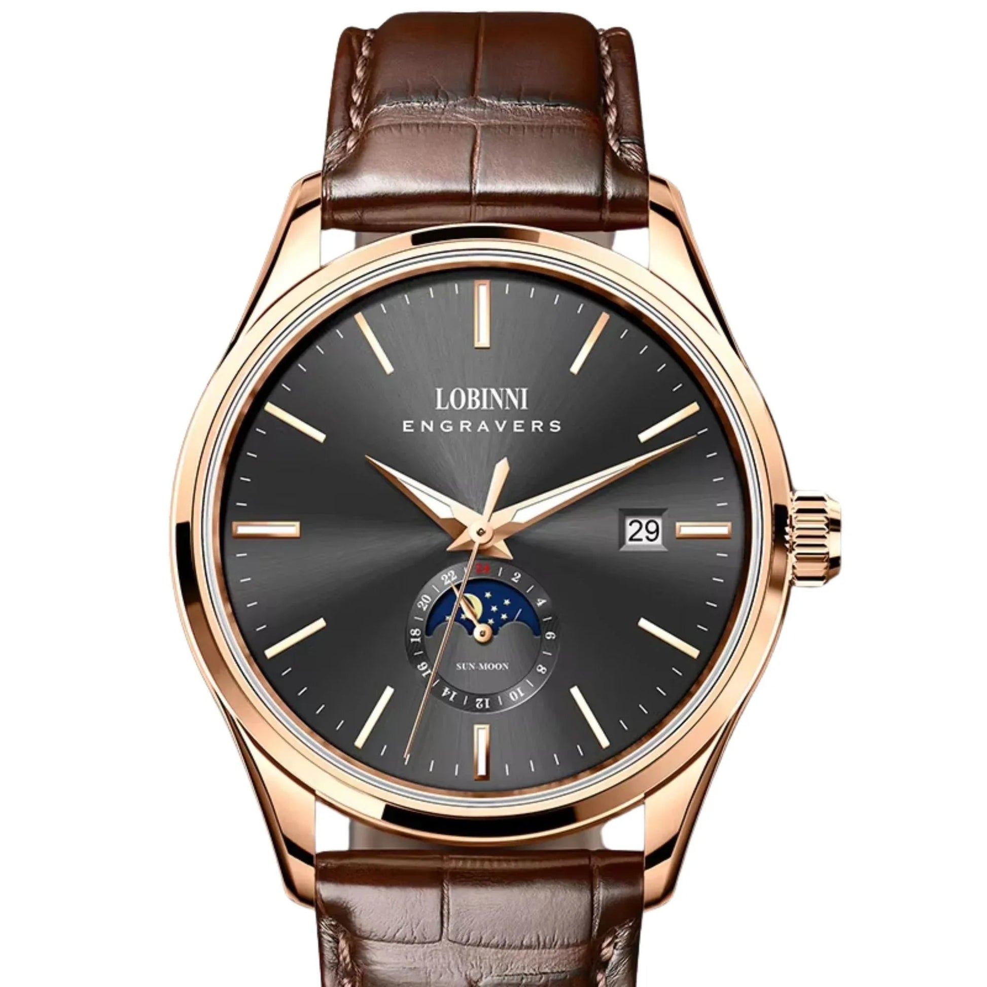 LOBINNI 19001 Business Brown Leather Strap with automatic movement Watch - 19001 - DREAM WATCHES