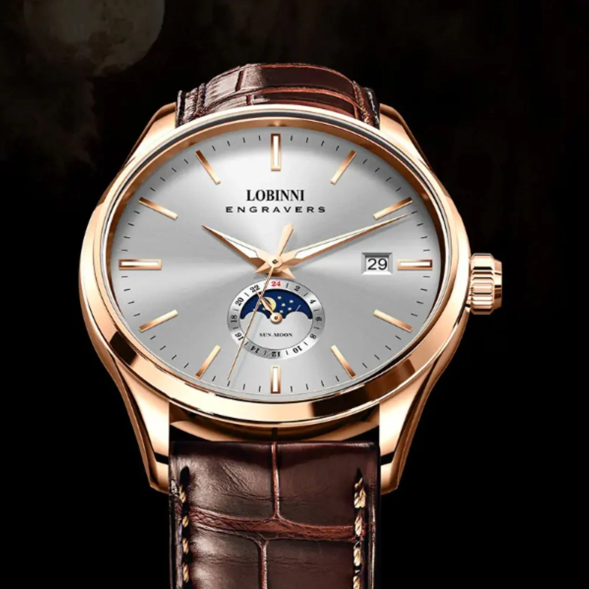 LOBINNI 19001 Business Brown Leather Strap with automatic movement Watch - 19001 - DREAM WATCHES