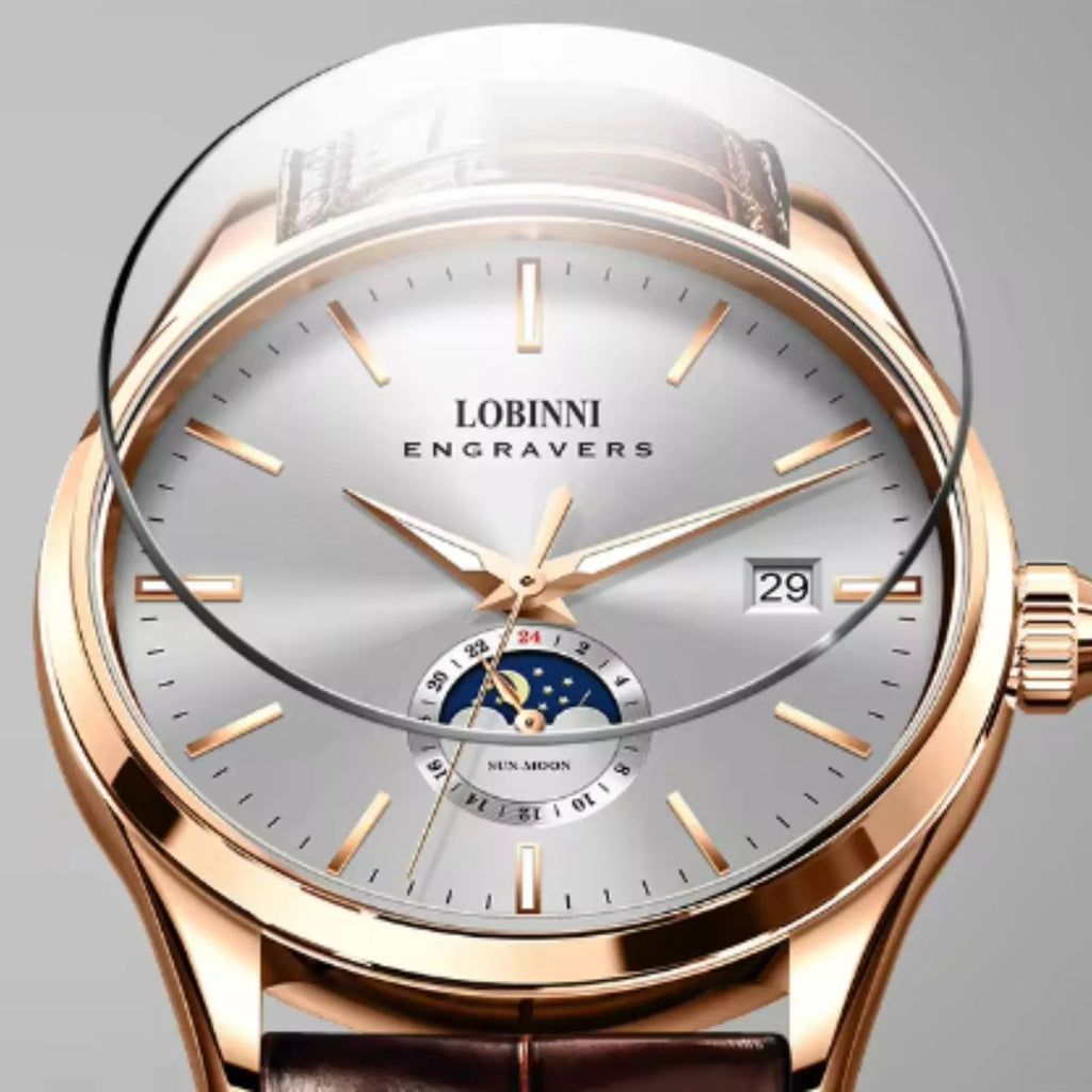 LOBINNI 19001 Business Brown Leather Strap with automatic movement Watch - DREAM WATCHES