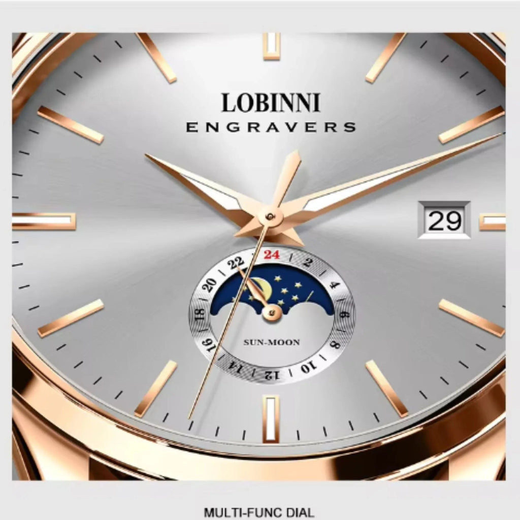 LOBINNI 19001 Business Brown Leather Strap with automatic movement Watch - DREAM WATCHES