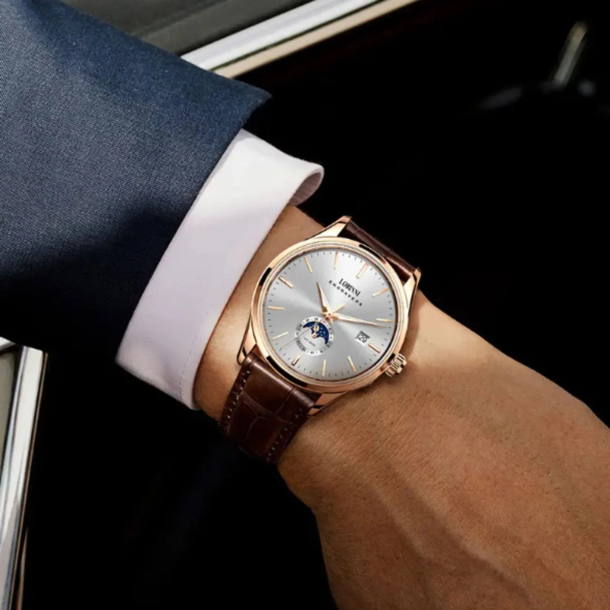 LOBINNI 19001 Business Brown Leather Strap with automatic movement Watch - DREAM WATCHES