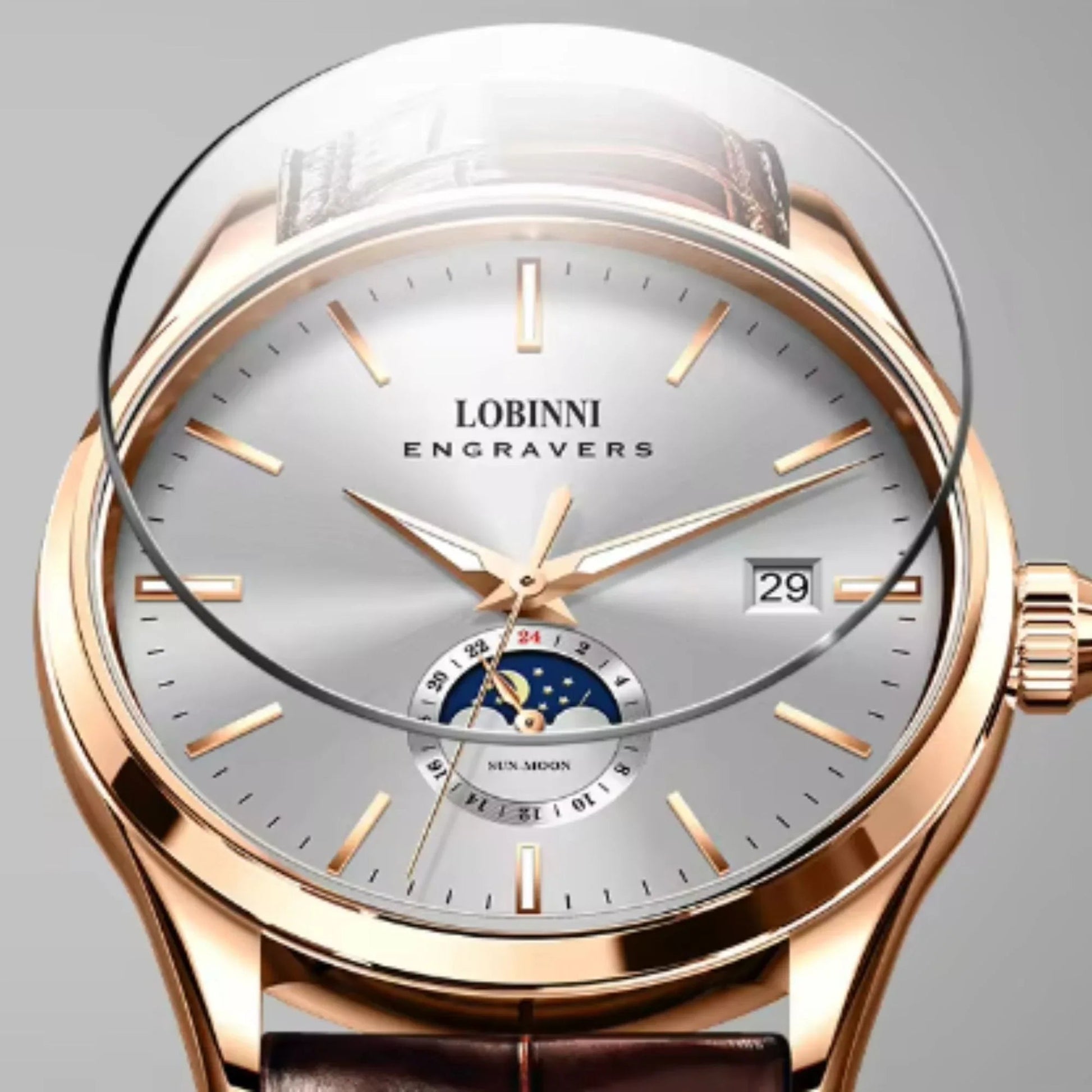 LOBINNI 19001 Business Brown Leather Strap with automatic movement Watch - DREAM WATCHES