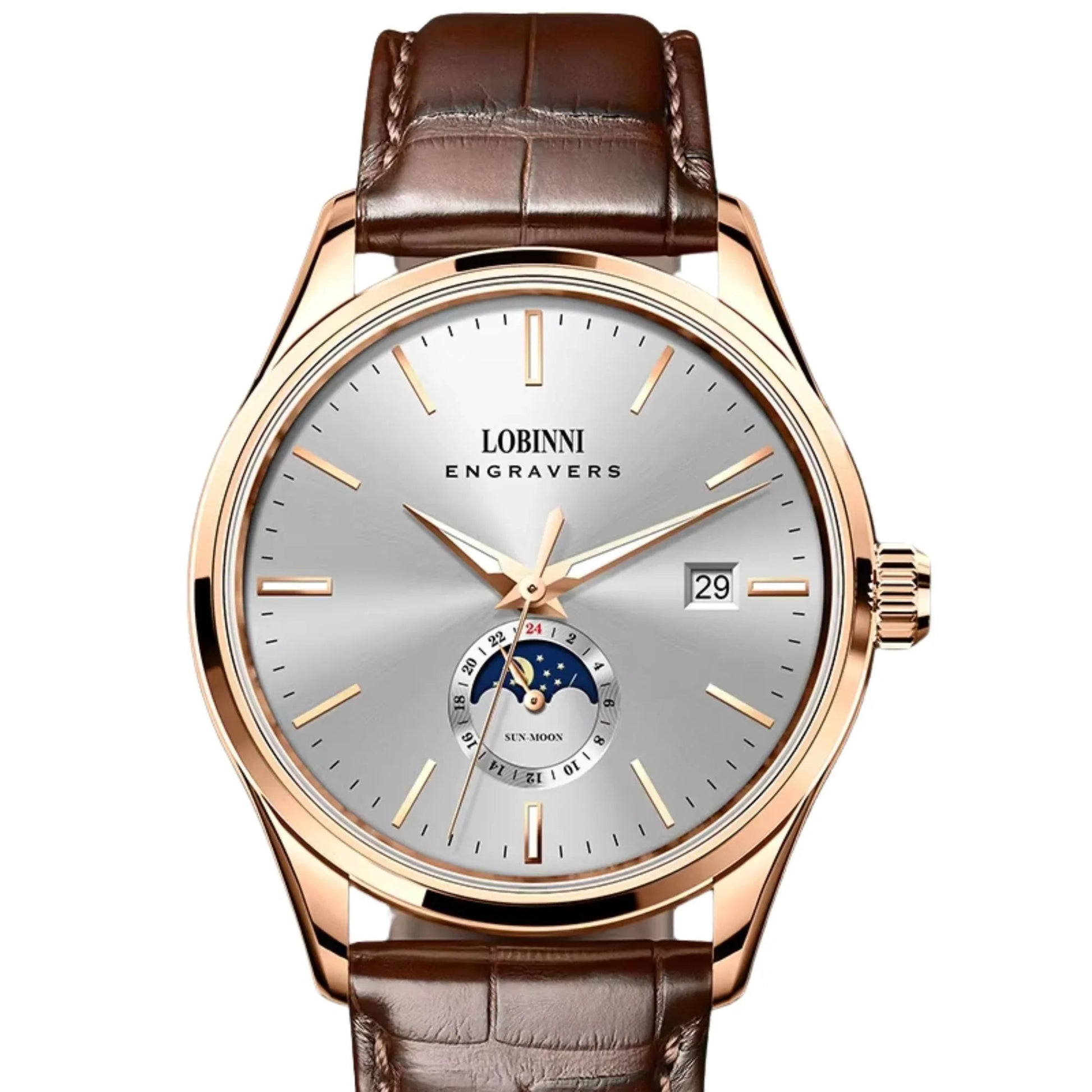 LOBINNI 19001 Business Brown Leather Strap with automatic movement Watch - DREAM WATCHES