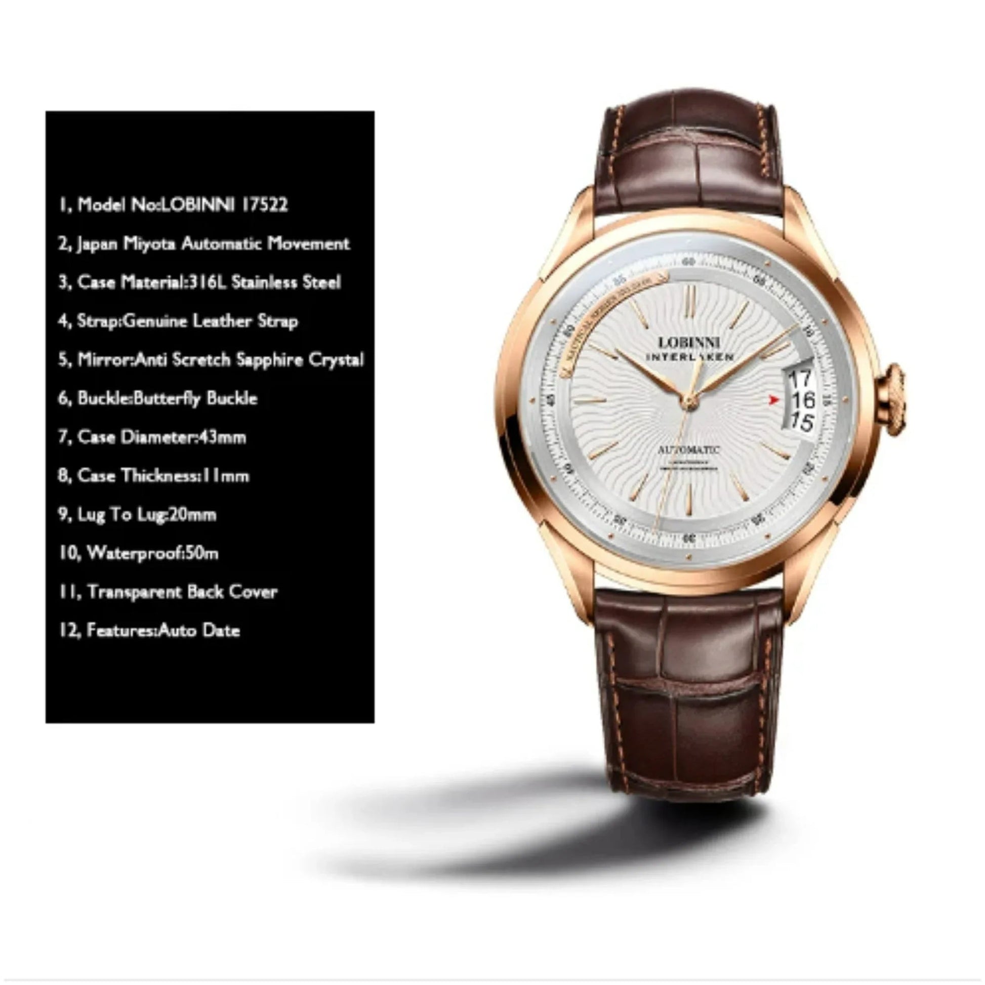 LOBINNI Automatic Watch For Men,Mens Watches Mechanical Wristwatch Waterproof Switzerland Clock Stainless Steel Top Luxury Brand - 17522 - DREAM WATCHES