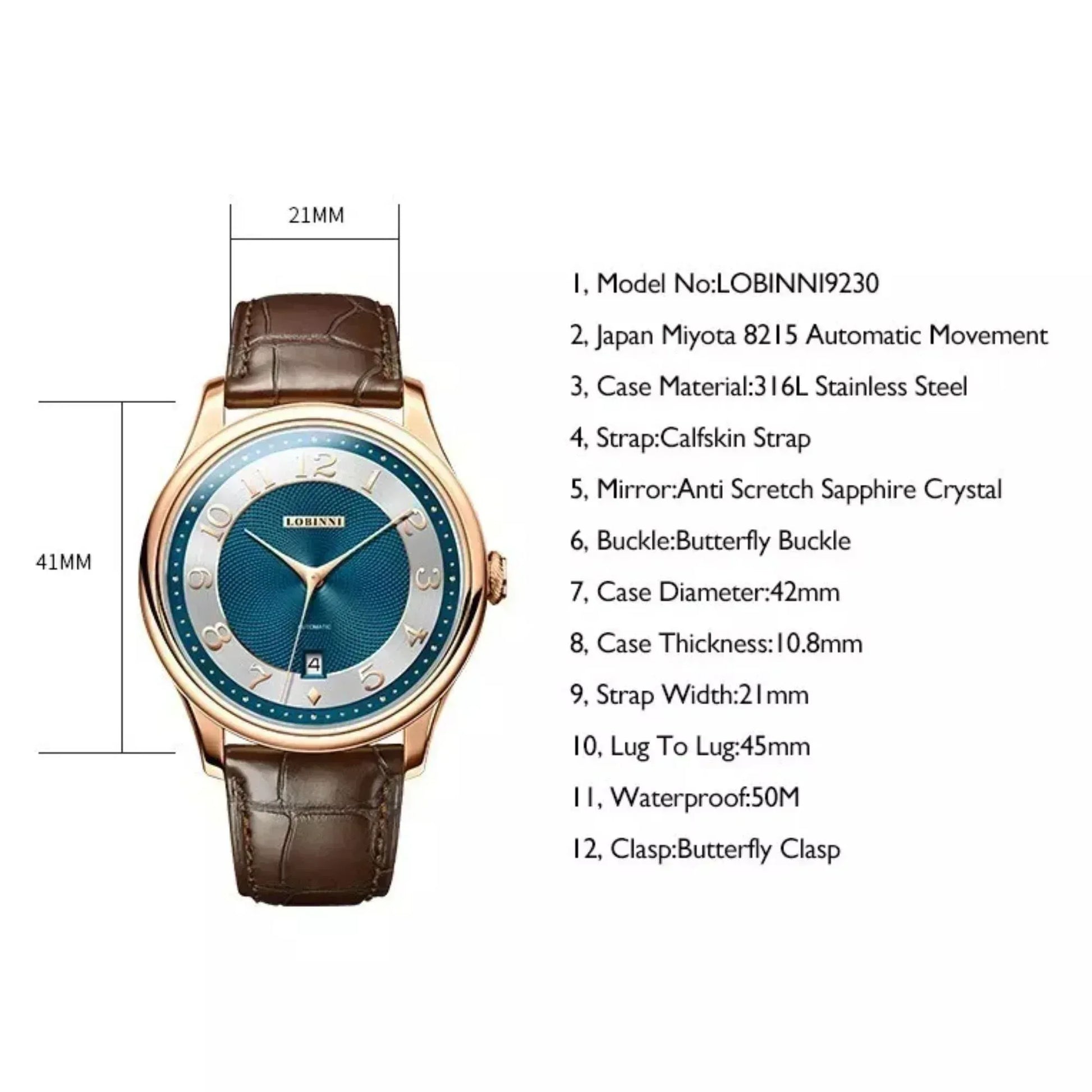 Lobinni Classic Men Automatic Wristwatches Luxury 42mm - DREAM WATCHES