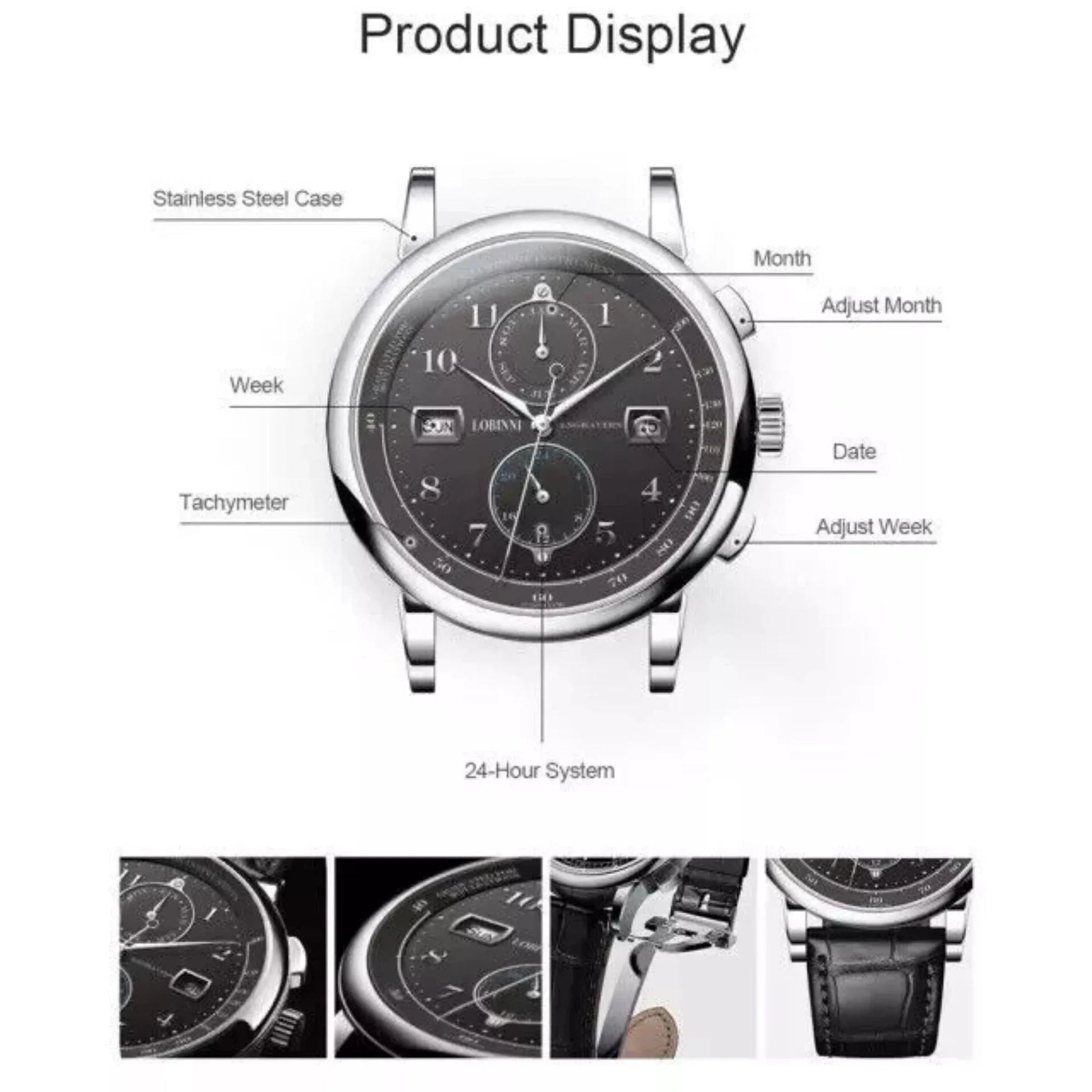 LOBINNI Fashion Business Mens Watches with Stainless Steel Waterproof Automatic Machinery Watch for Men, Auto Date-Week - 16001 - DREAM WATCHES