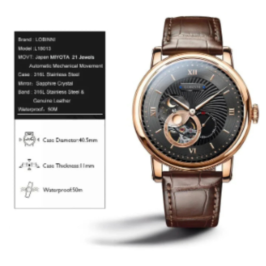 LOBINNI Luxury Automatic Mechanical Men's Watches Waterproof Skeleton Moon Phase Clocks L18013 - DREAM WATCHES