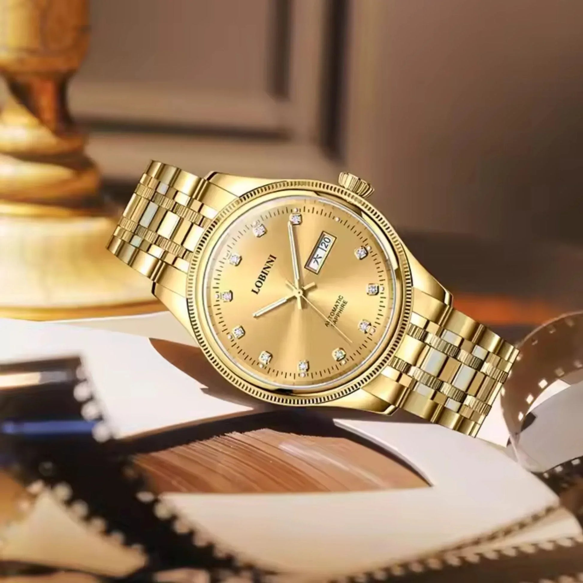 LOBINNI Luxury Golden Wrist Watch Men with Coin Bezel - DREAM WATCHES