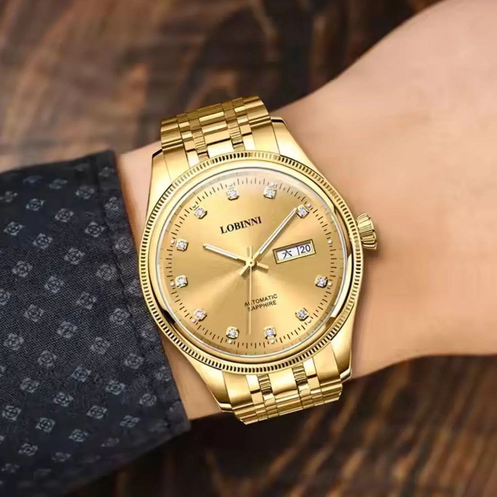 LOBINNI Luxury Golden Wrist Watch Men with Coin Bezel - DREAM WATCHES