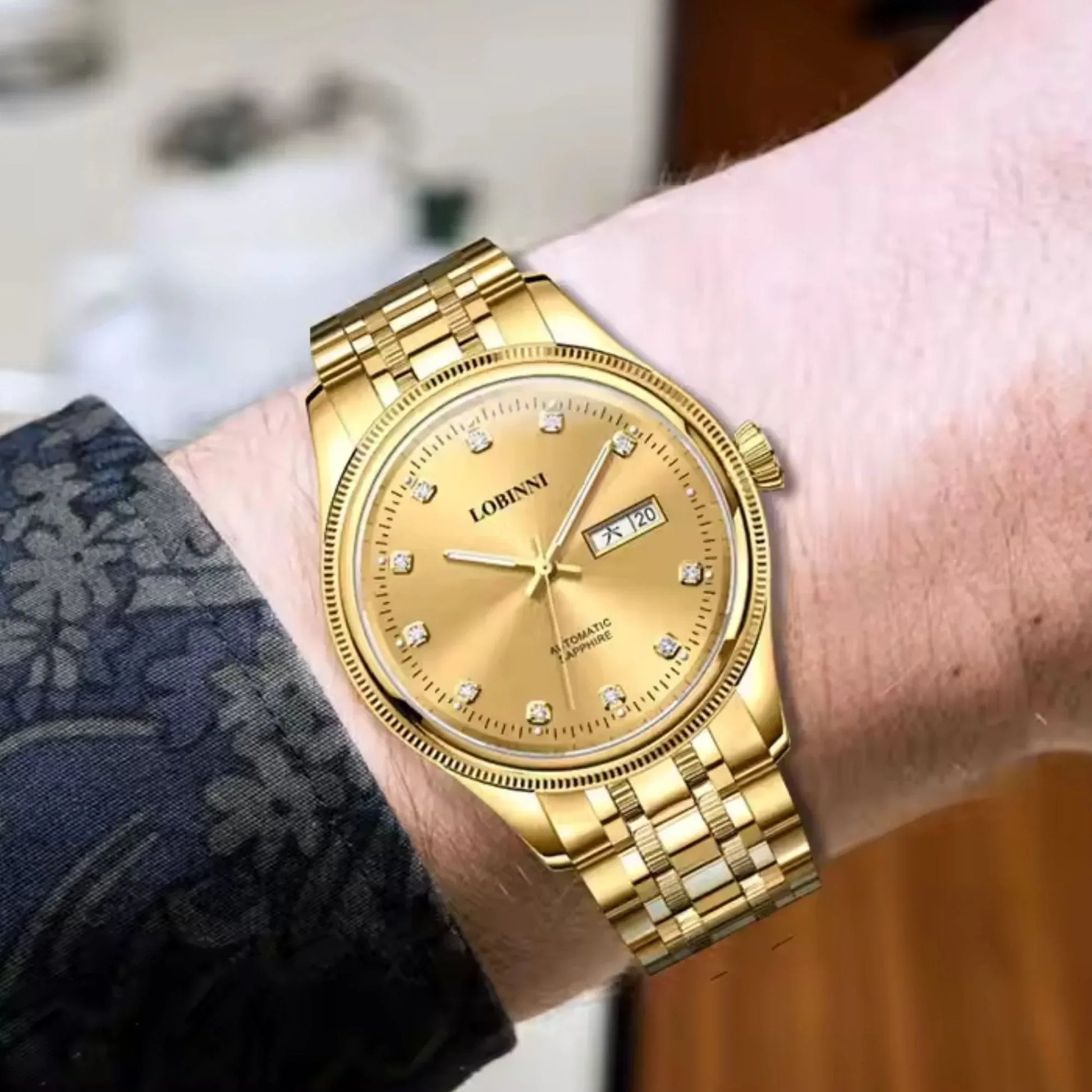 LOBINNI Luxury Golden Wrist Watch Men with Coin Bezel - DREAM WATCHES